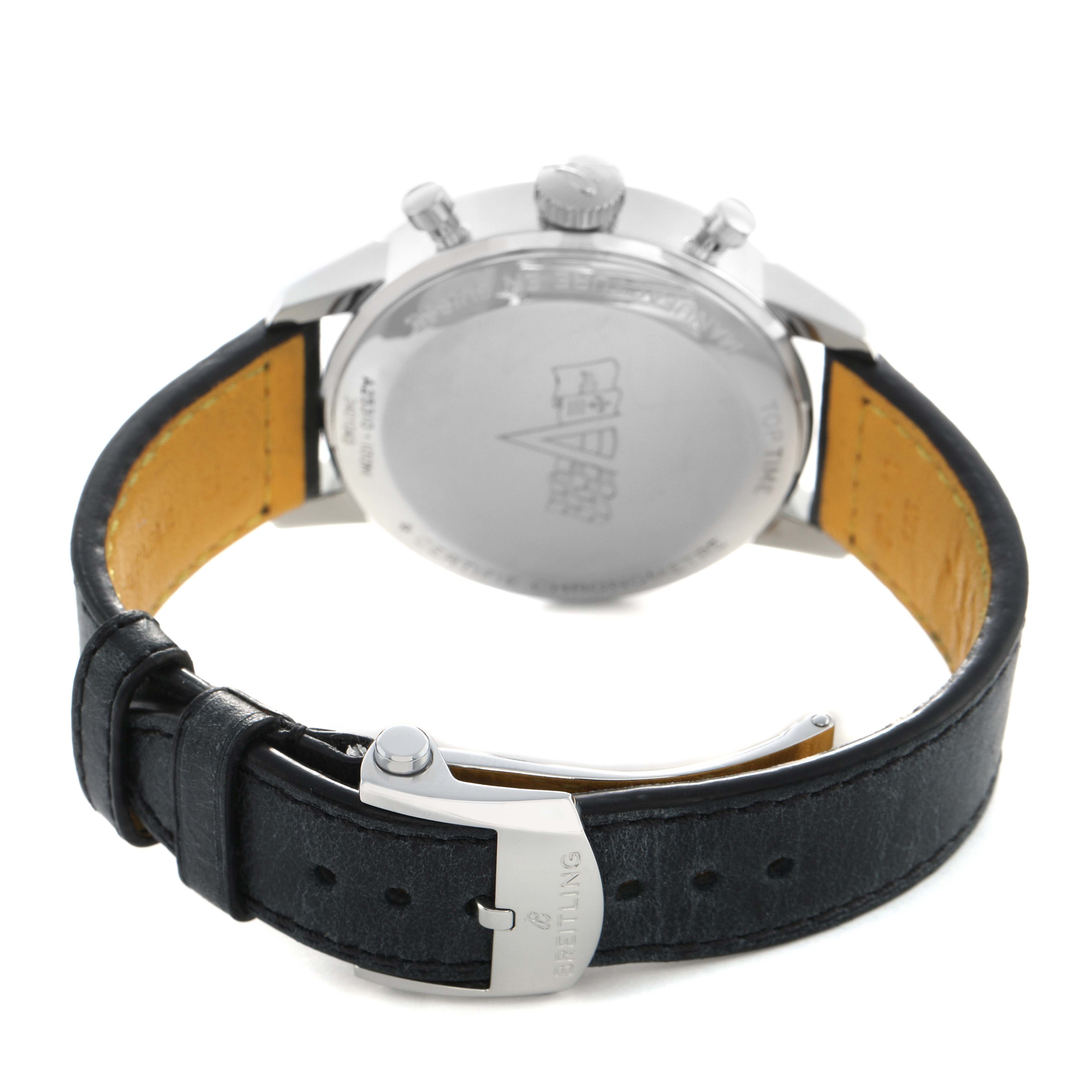 The image shows the case back and clasp of a Breitling Premier A25310 Men's Stainless Steel Red Dial watch from a rear angle.