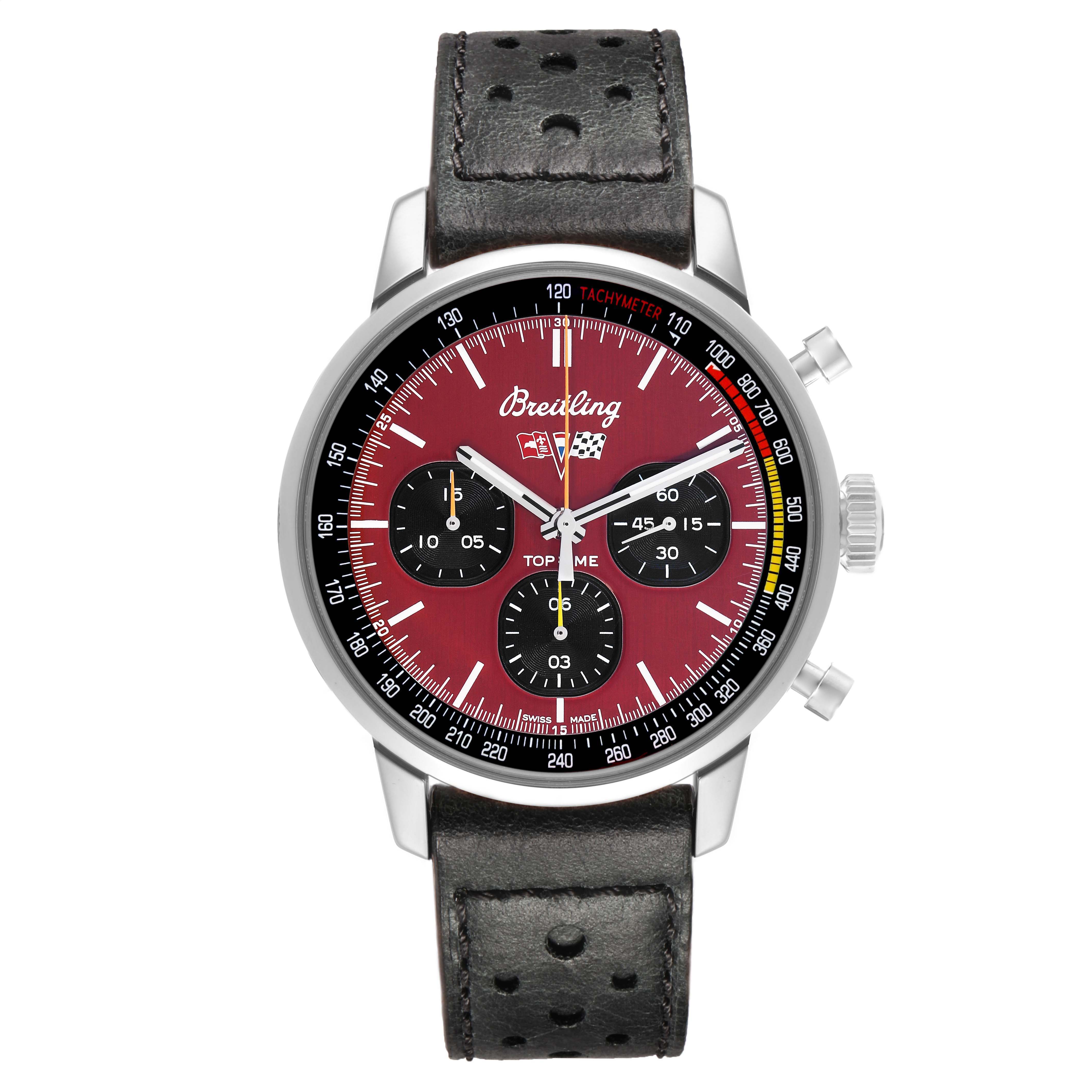 The Breitling Premier A25310 Men's Stainless Steel Red Dial watch is shown from a front angle, displaying its red dial, subdials, tachymeter, and black leather strap.