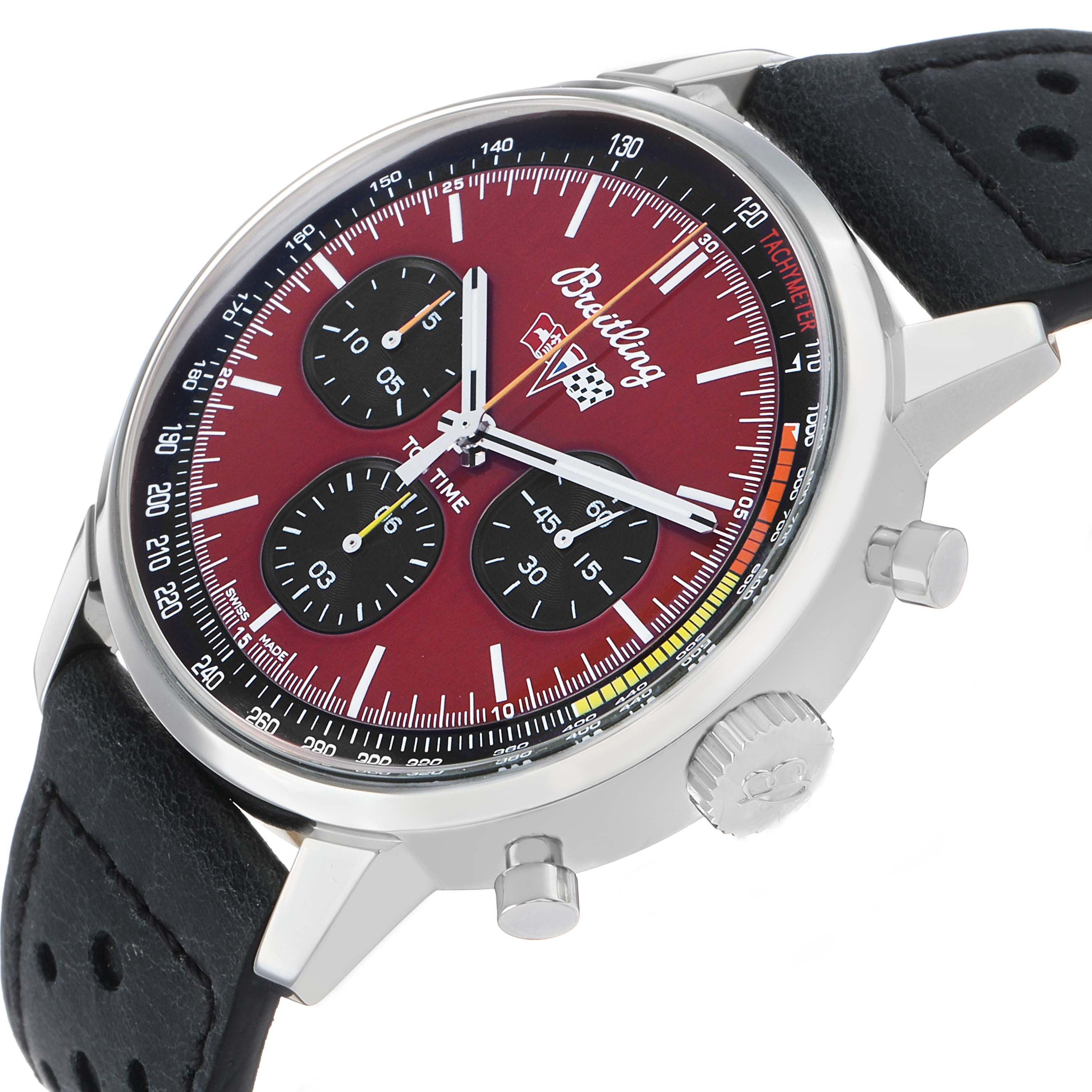 The Breitling Premier A25310 Men's Stainless Steel Red Dial watch is shown at an angle highlighting the case, dial, subdials, crown, and black strap.