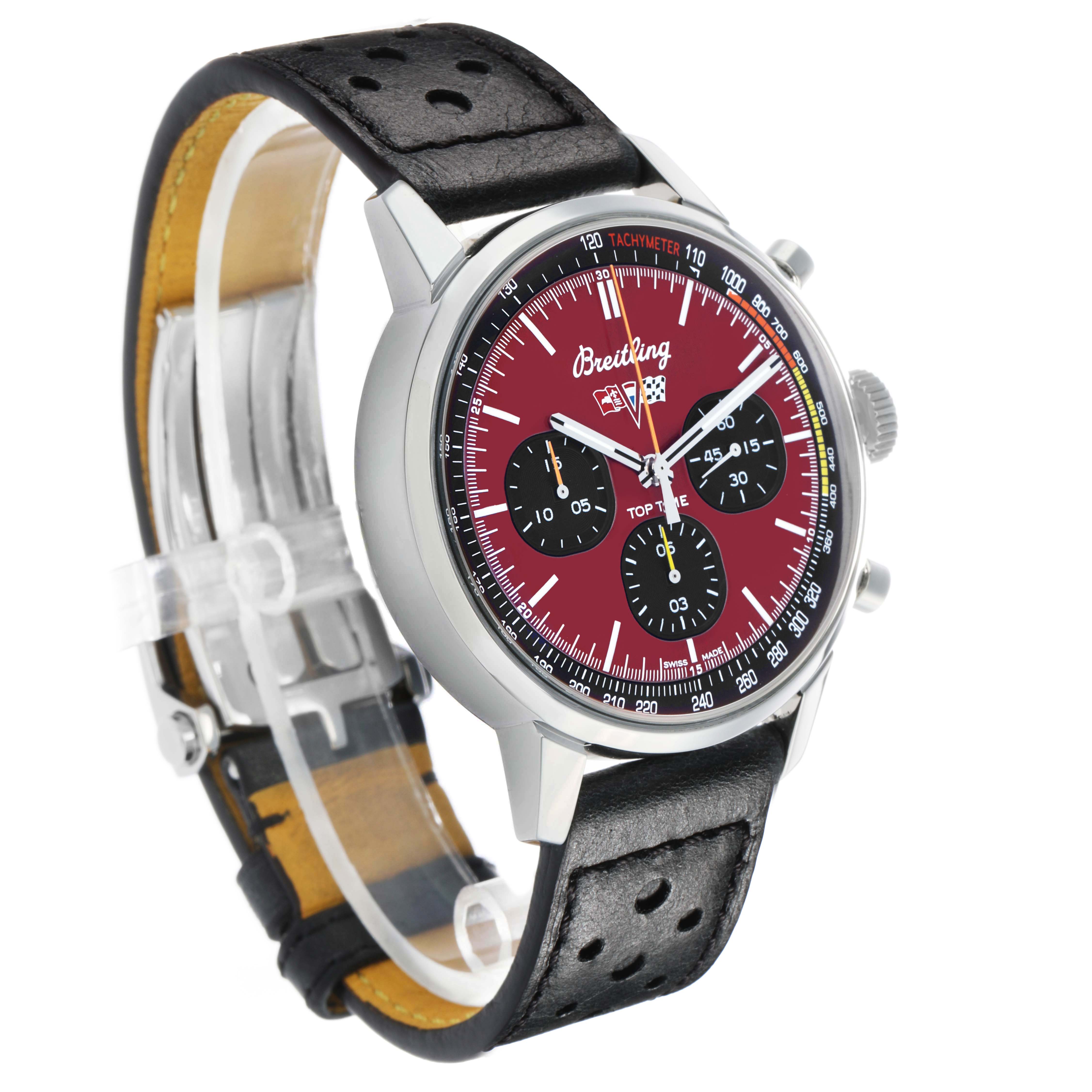 The Breitling Premier A25310 Men's Stainless Steel Red Dial model is shown at a slight angle, displaying the watch face, case, lugs, crown, and leather strap.