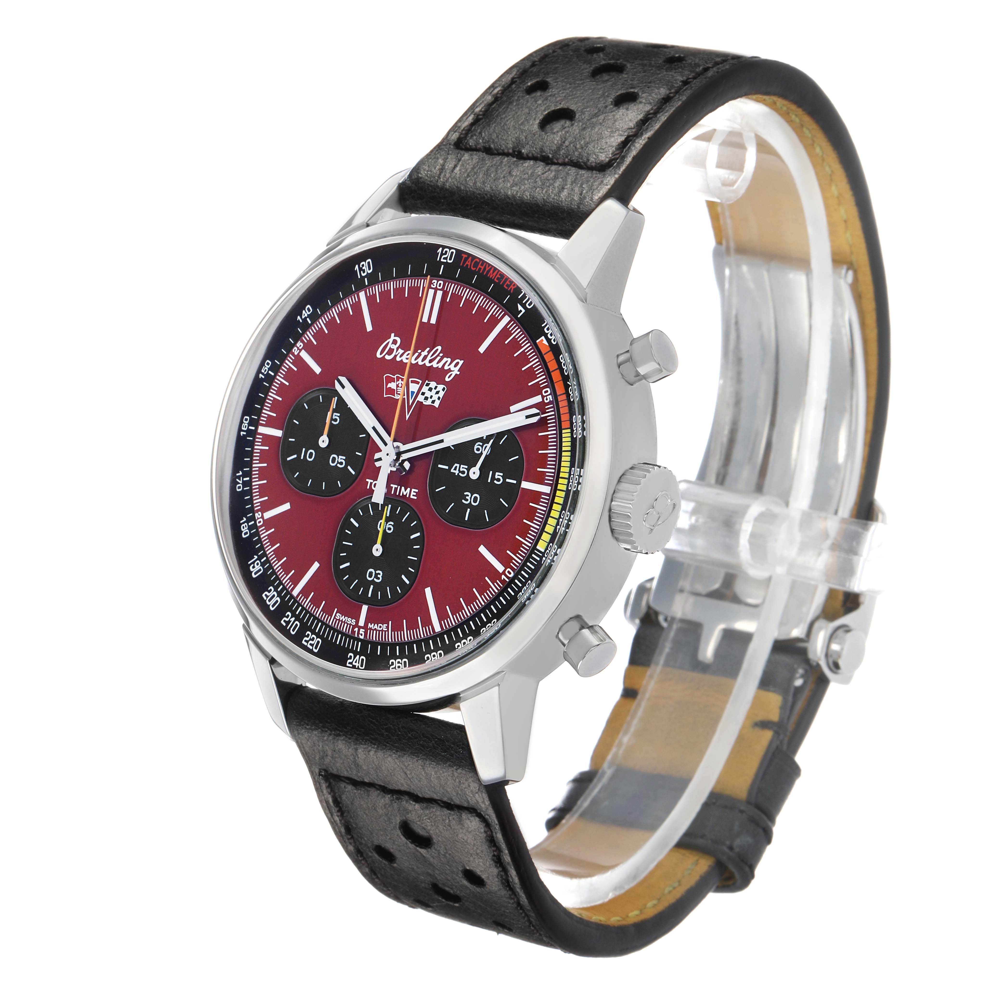 The Breitling Premier A25310 Men's Stainless Steel Red Dial watch is shown at a slight angle, displaying the face, side buttons, and leather strap.