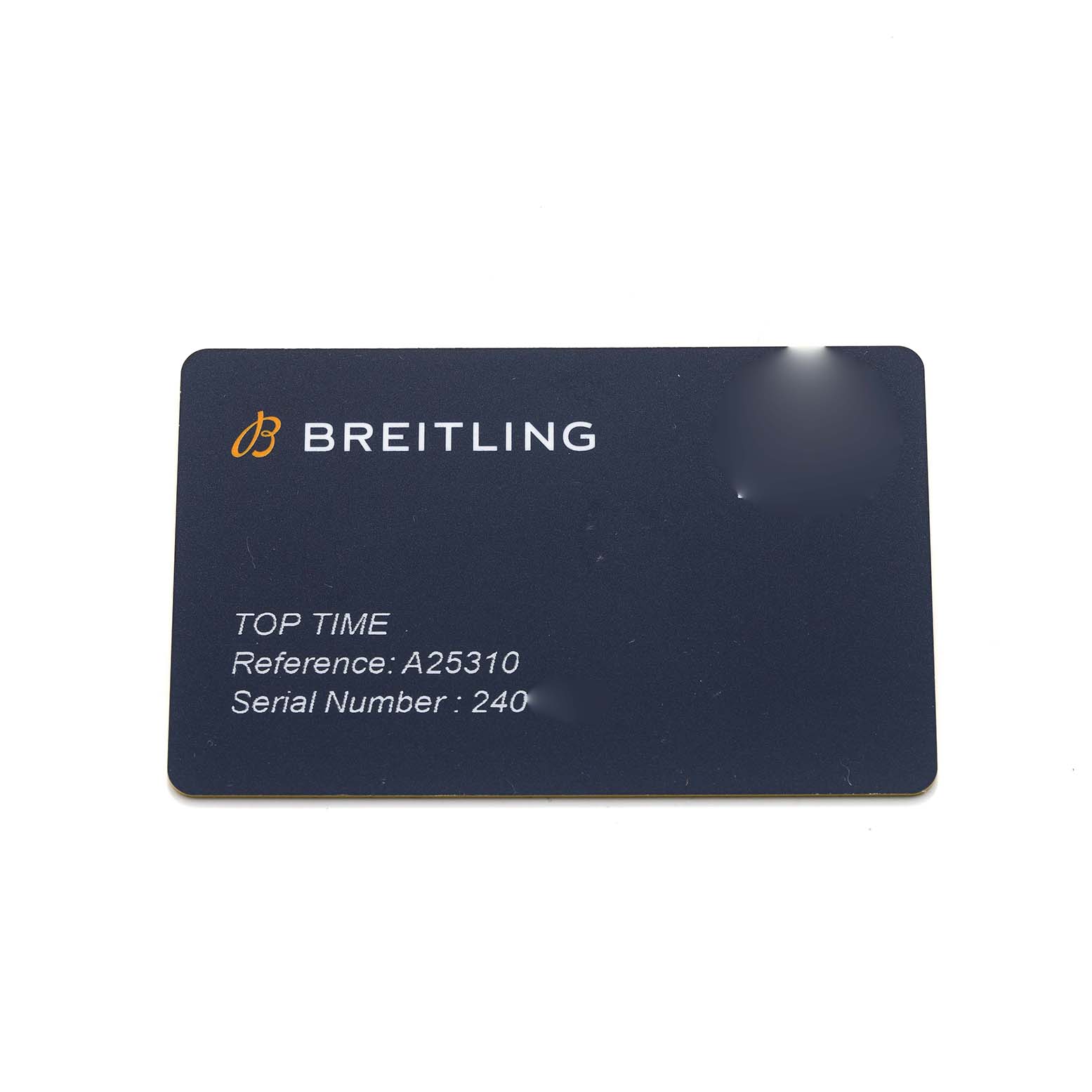 The image shows a Breitling Premier A25310 Men's Stainless Steel Red Dial model warranty card, with brand and model details visible.