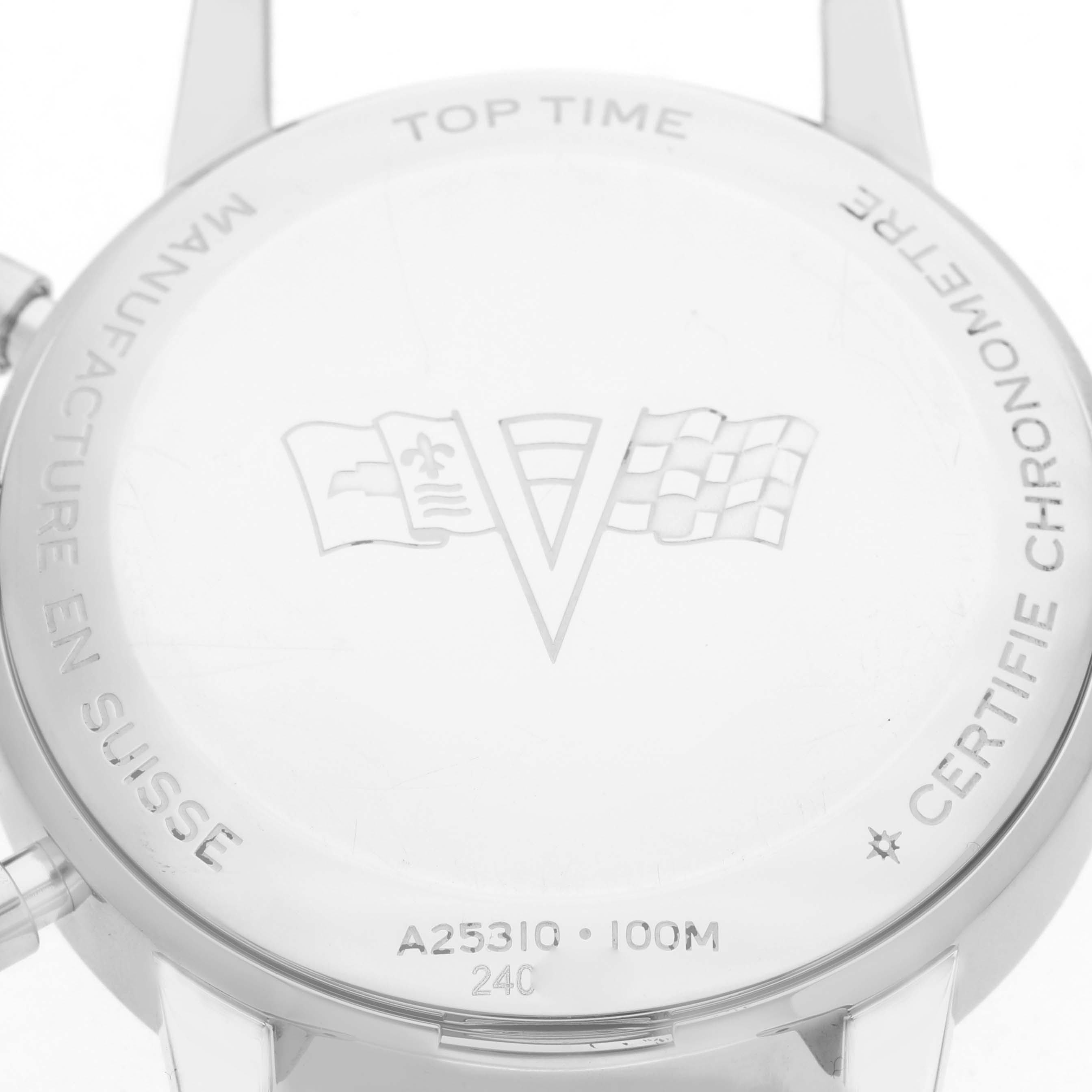 The image shows the back case of the Breitling Premier A25310 Men's Stainless Steel Red Dial watch, highlighting engravings and waterproof details.