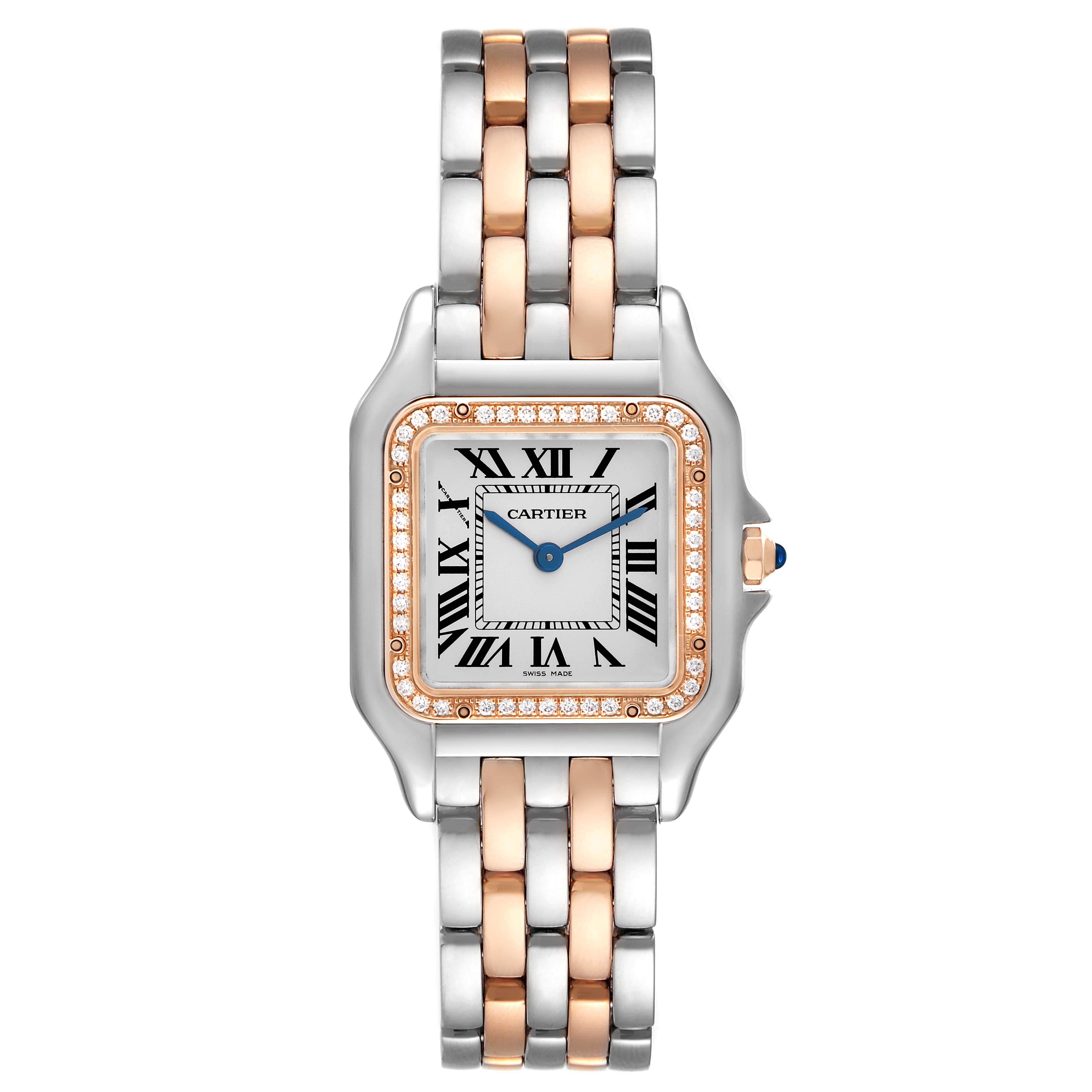 The Cartier Panthere W3PN0007 Women's Steel and Gold (two tone) Silver Dial W3PN0007 Women's Steel and Gold (two tone) Silver Dial watch is shown from a front angle, displaying the dial, case, and bracelet.