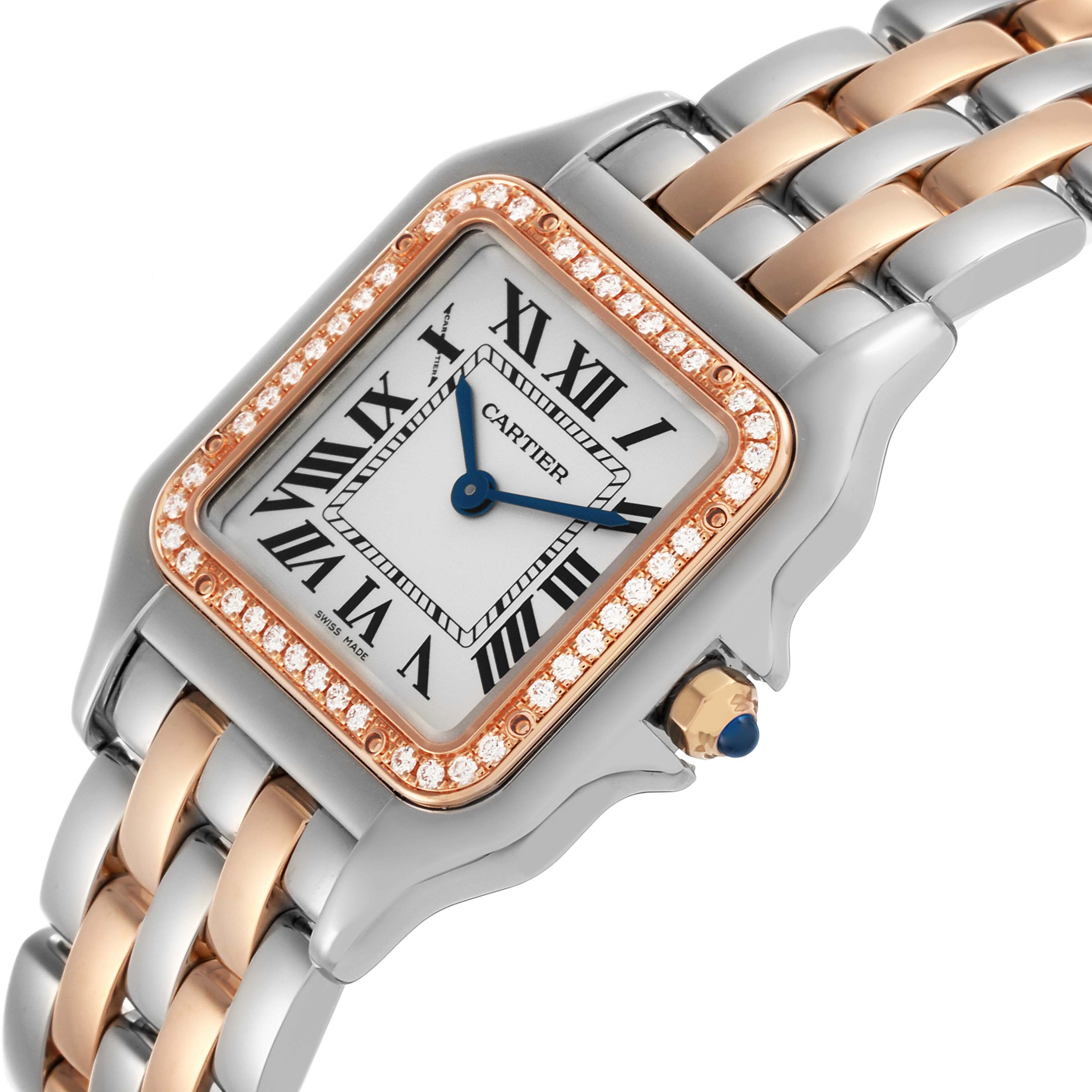 The Cartier Panthere W3PN0007 Women's Steel and Gold (two tone) Silver Dial W3PN0007 Women's Steel and Gold (two tone) Silver Dial watch is shown at an angle highlighting the face, diamond bezel, and two-tone bracelet.