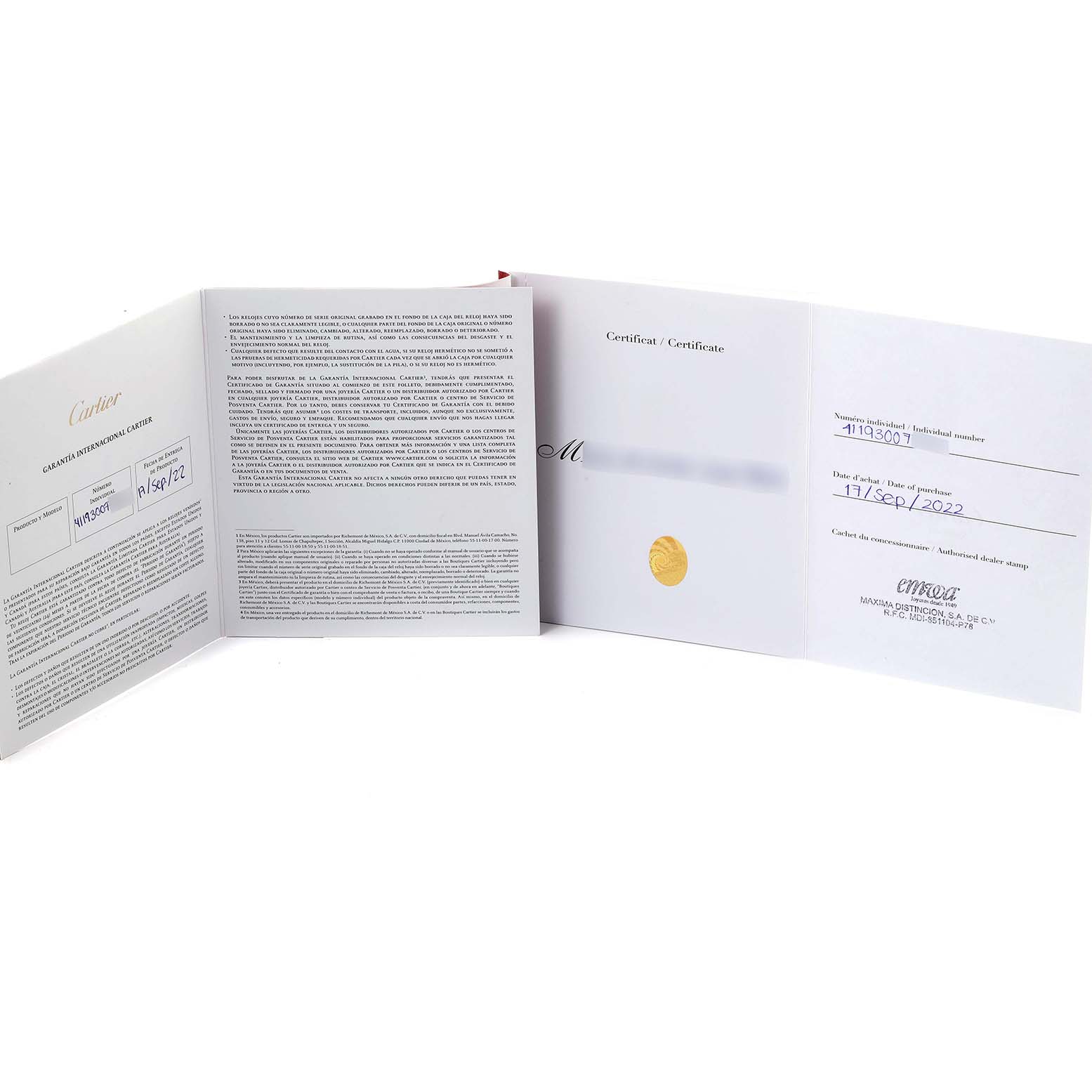 The image shows warranty documents for the Cartier Panthere W3PN0007 Women's Steel and Gold (two tone) Silver Dial W3PN0007 Women's Steel and Gold (two tone) Silver Dial model, featuring text and official stamps.