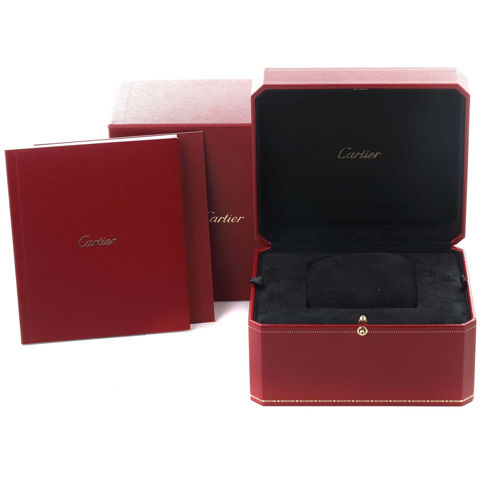 This image shows the Cartier Panthere W3PN0007 Women's Steel and Gold (two tone) Silver Dial W3PN0007 Women's Steel and Gold (two tone) Silver Dial watch box, including outer packaging and booklet, from a front angle.