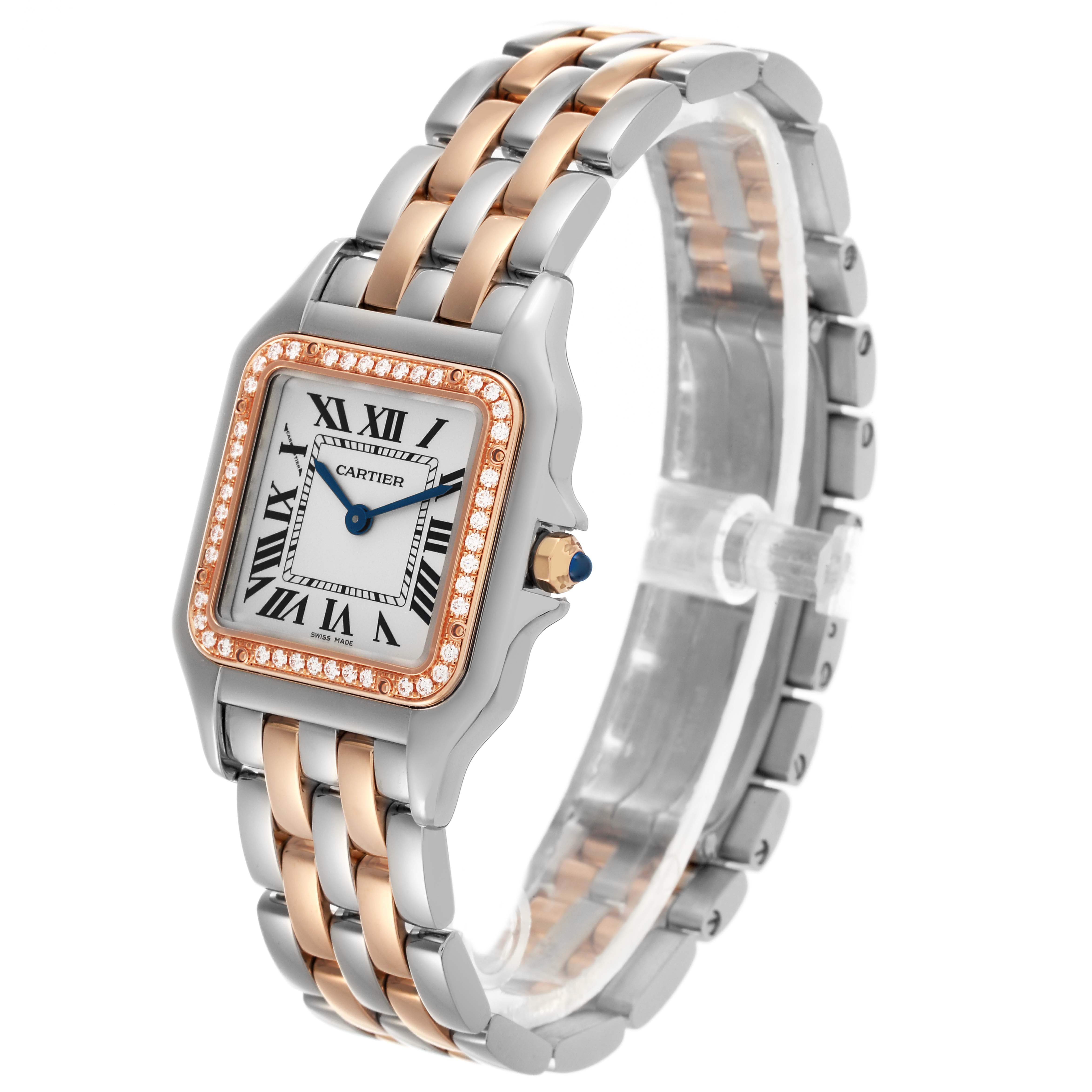 The Cartier Panthere W3PN0007 Women's Steel and Gold (two tone) Silver Dial W3PN0007 Women's Steel and Gold (two tone) Silver Dial watch is shown at an angled side view, highlighting its two-tone bracelet and diamond-set bezel.