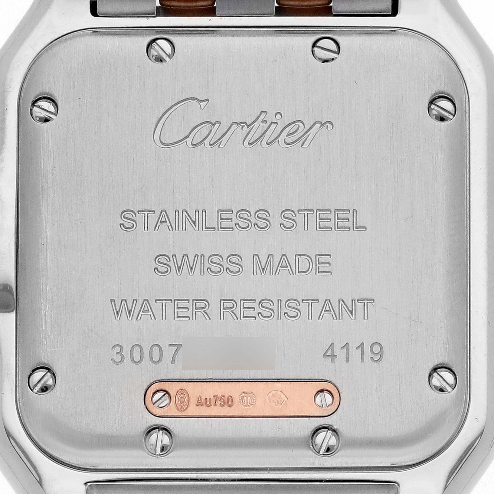 The image shows the case back of the Cartier Panthere W3PN0007 Women's Steel and Gold (two tone) Silver Dial W3PN0007 Women's Steel and Gold (two tone) Silver Dial watch, highlighting its stainless steel construction and engravings.