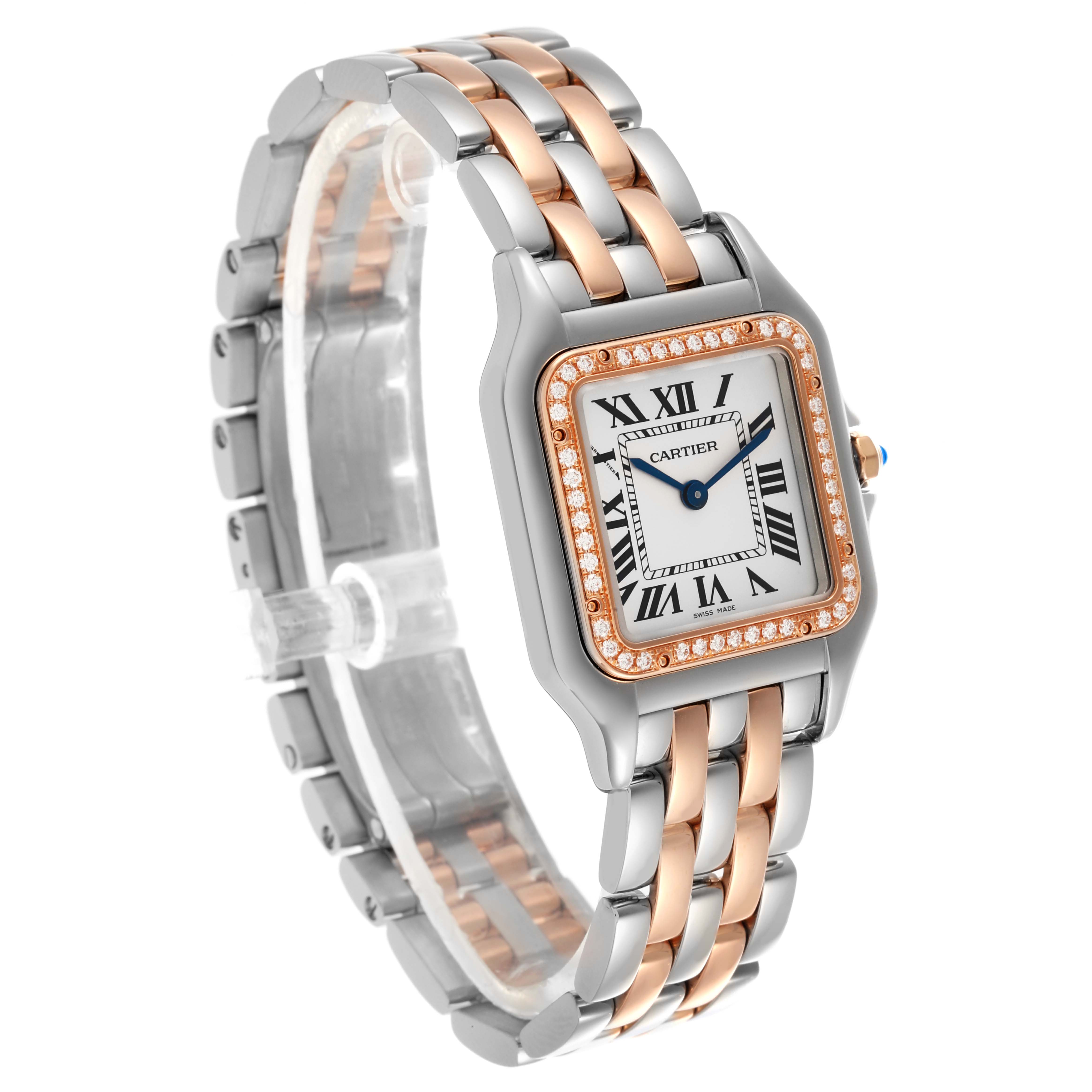 The Cartier Panthère watch is shown at a three-quarter angle, highlighting its face, bezel, and bracelet.