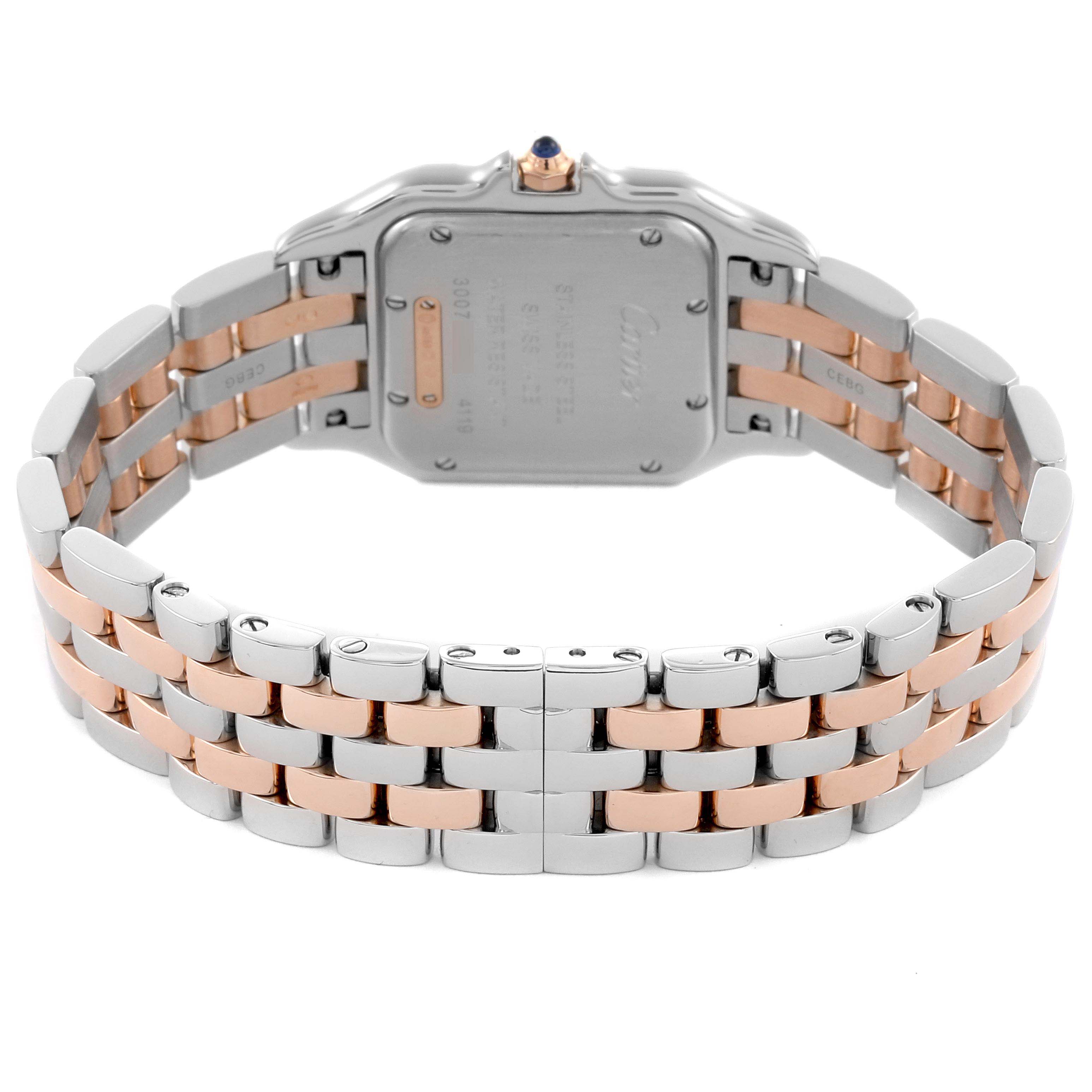 The image shows the back view of a Cartier Panthere W3PN0007 Women's Steel and Gold (two tone) Silver Dial W3PN0007 Women's Steel and Gold (two tone) Silver Dial watch, highlighting the case back and two-tone bracelet.