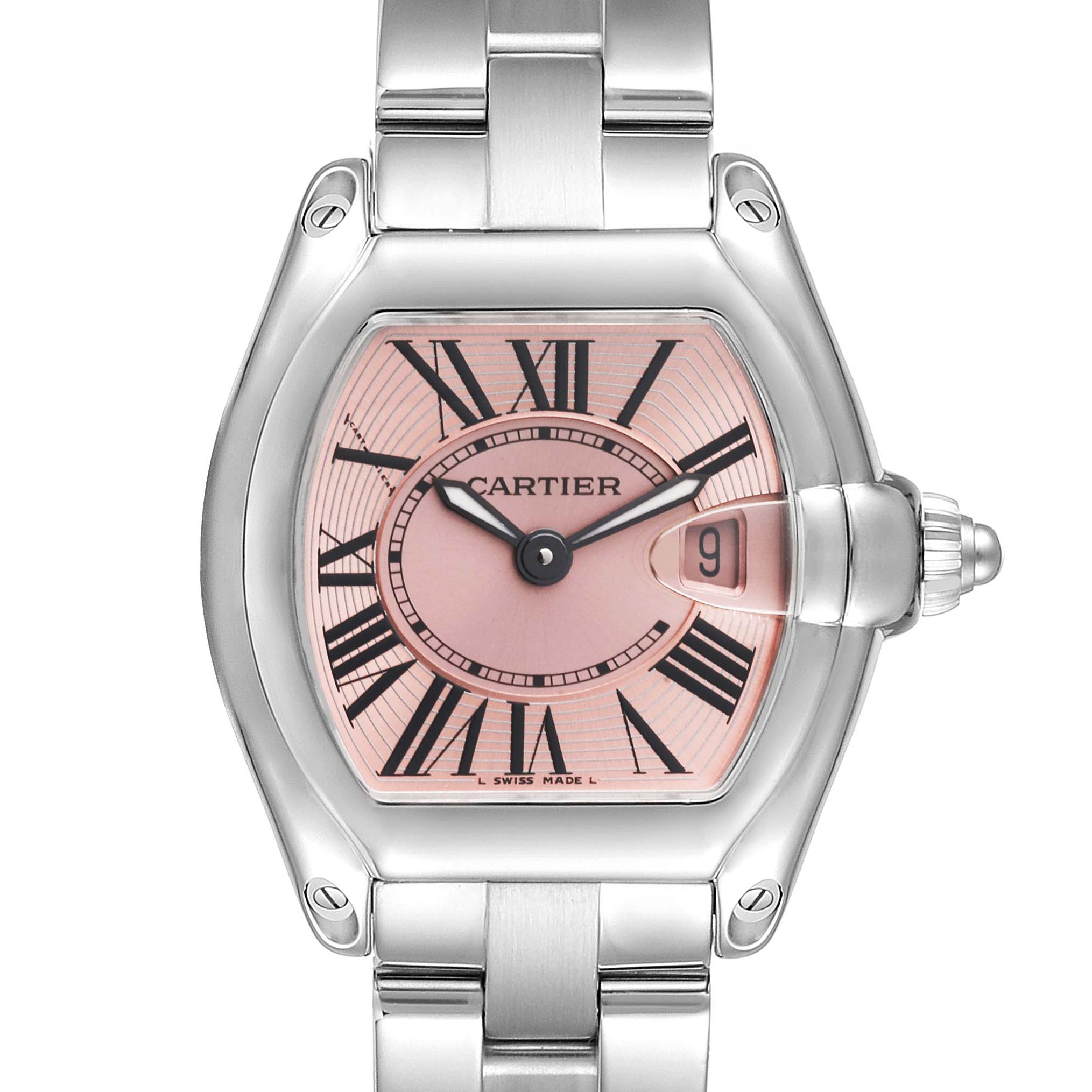 The Cartier Roadster W62017V3 Women's Stainless Steel Pink Dial W62017V3 Women's Stainless Steel Pink Dial watch is shown in a front-facing angle, highlighting its dial, case, bracelet, and crown.
