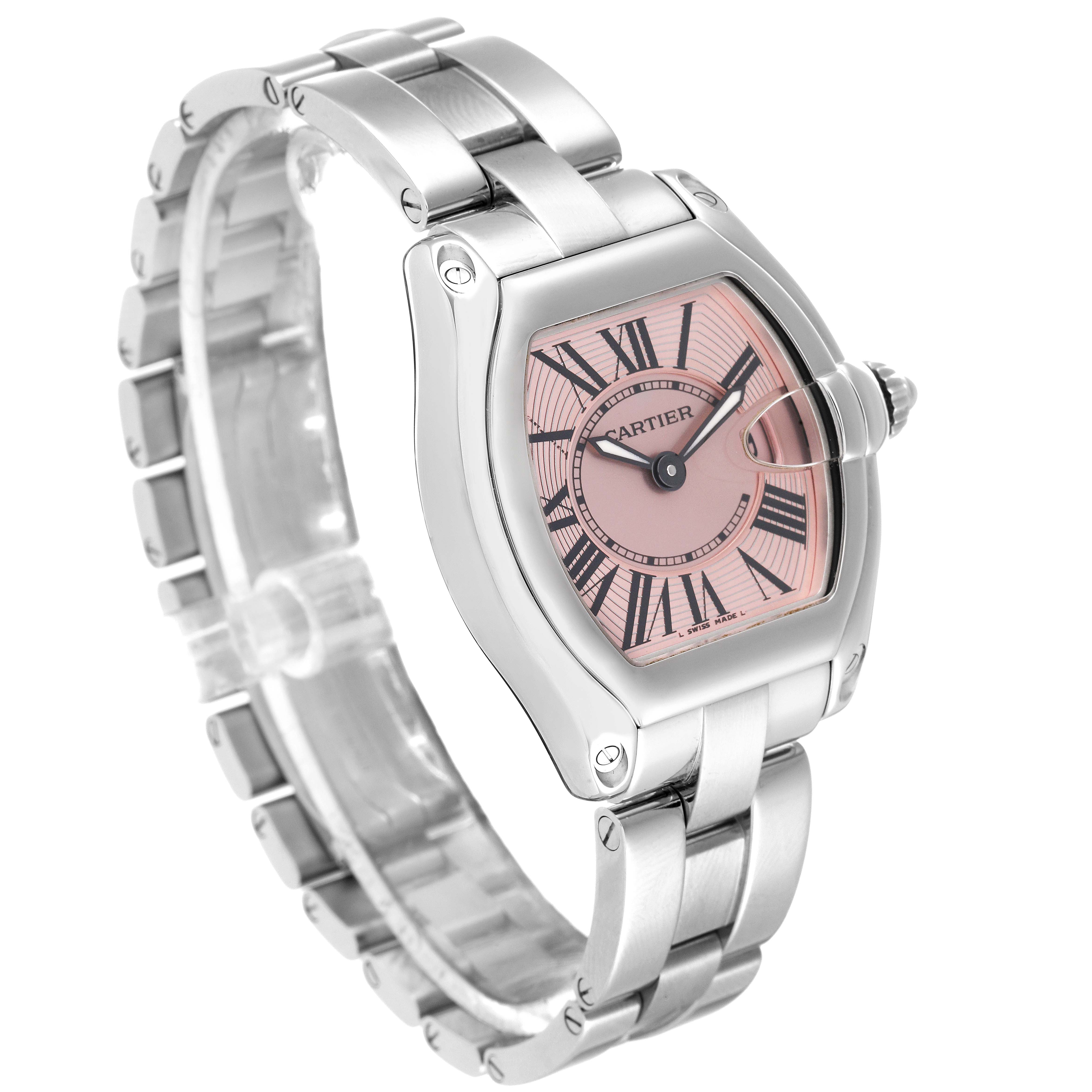 The image shows a Cartier Roadster W62017V3 Women's Stainless Steel Pink Dial W62017V3 Women's Stainless Steel Pink Dial watch at a high angle, highlighting the pink dial and stainless steel bracelet.