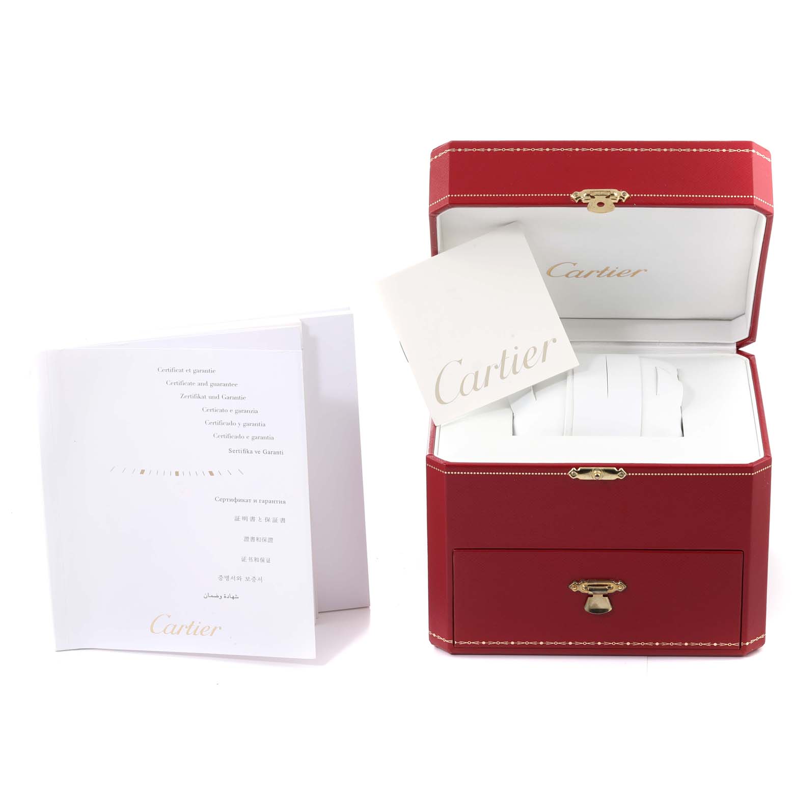 This image shows the open box and accompanying booklets for the Cartier Roadster W62017V3 Women's Stainless Steel Pink Dial W62017V3 Women's Stainless Steel Pink Dial watch.