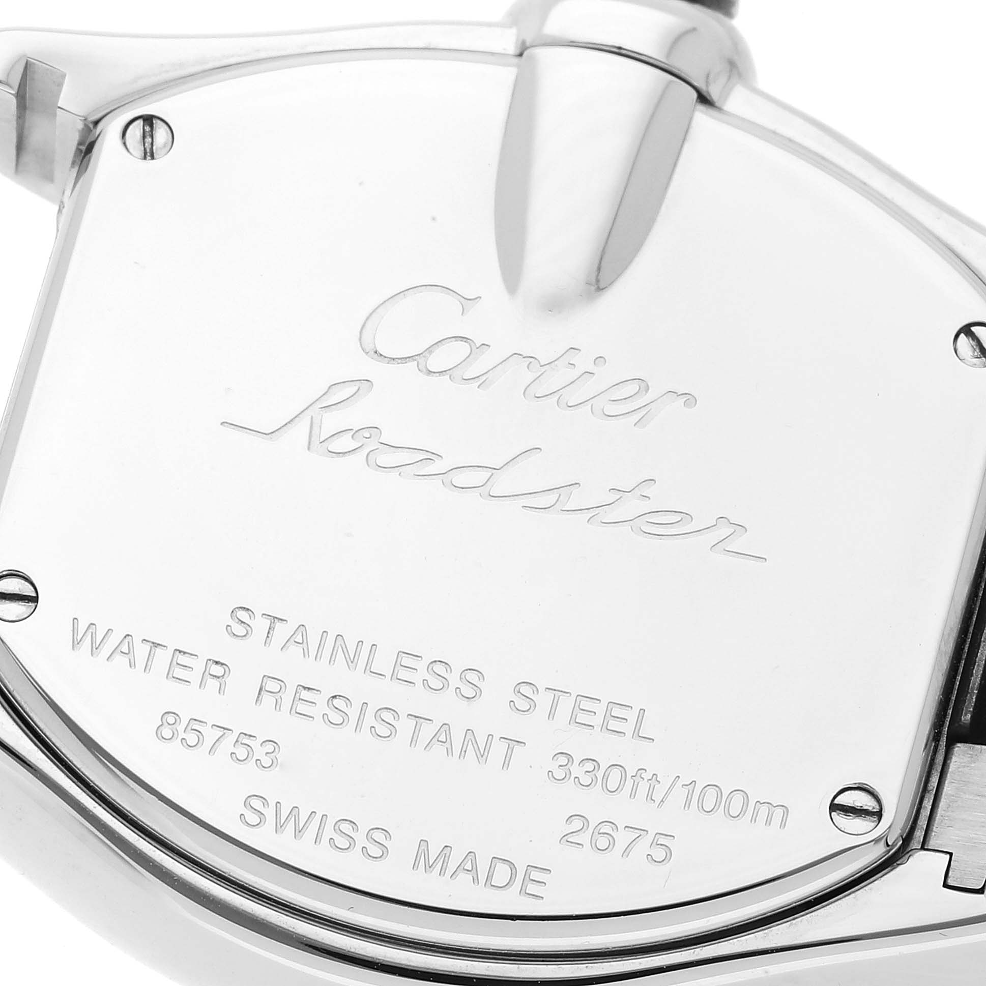 This image shows the stainless steel case back of a Cartier Roadster W62017V3 Women's Stainless Steel Pink Dial W62017V3 Women's Stainless Steel Pink Dial watch, including engraved details about its specifications.