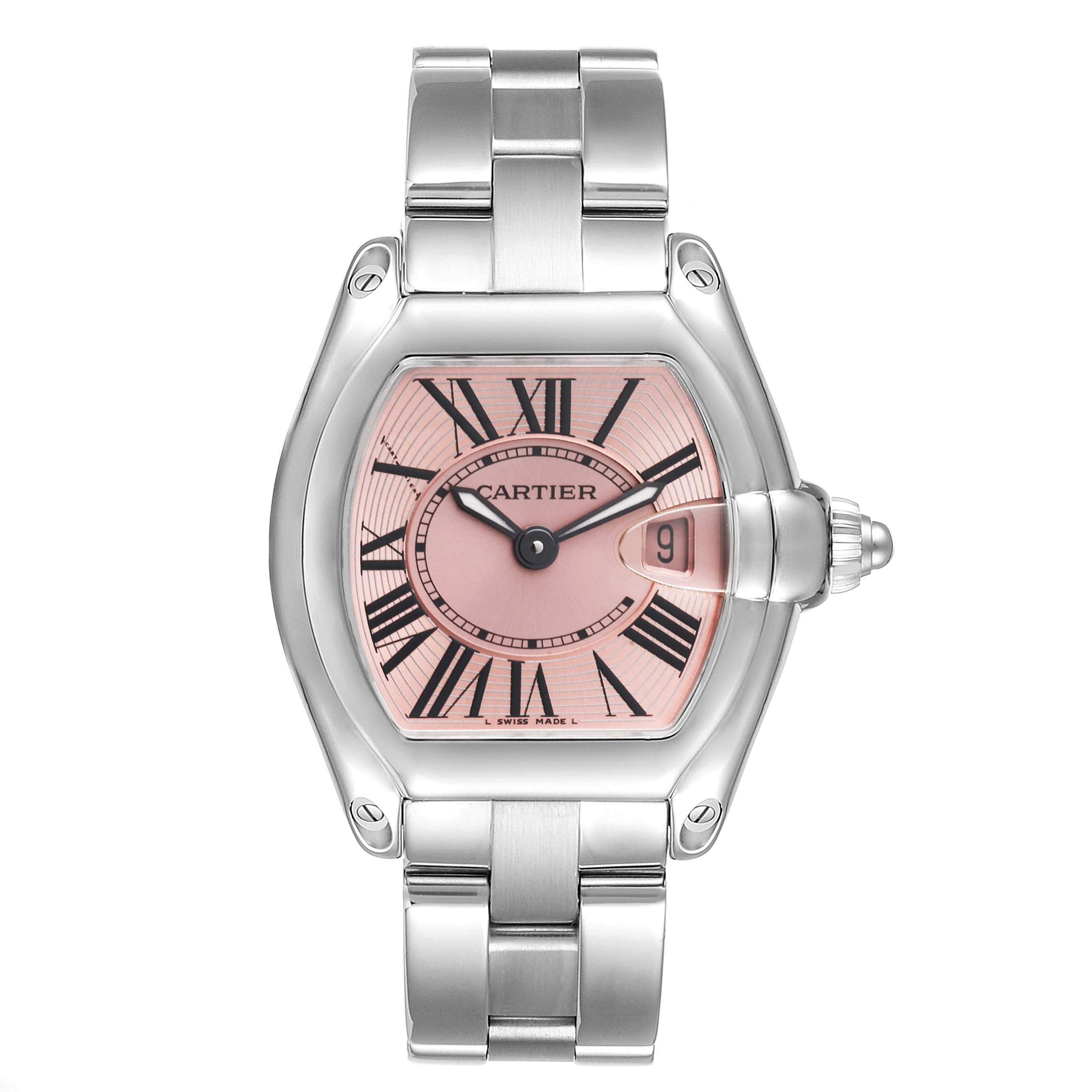 The image shows a frontal view of a Cartier Roadster W62017V3 Women's Stainless Steel Pink Dial W62017V3 Women's Stainless Steel Pink Dial watch with a pink dial and metal bracelet.