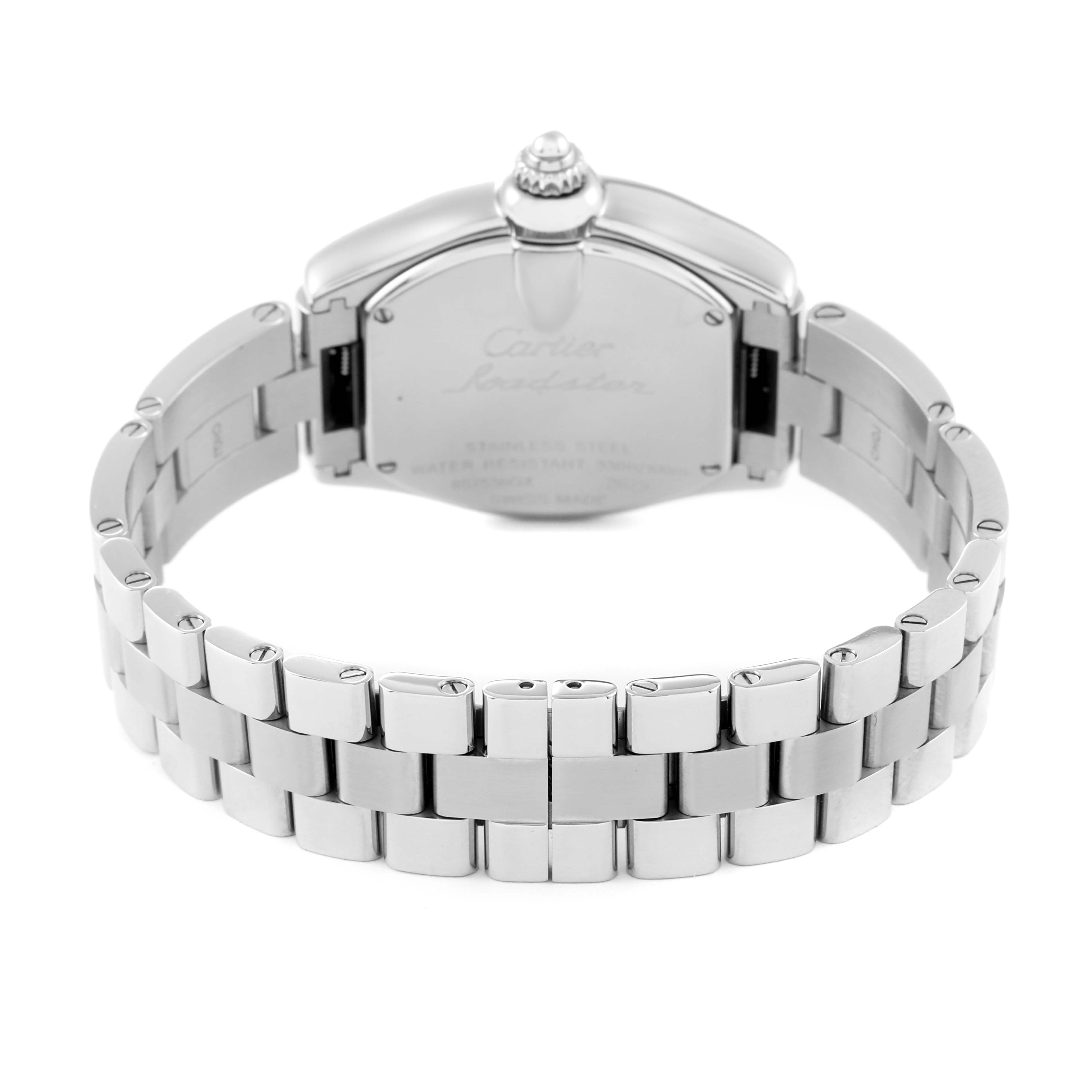 The image shows the back view of the Cartier Roadster W62017V3 Women's Stainless Steel Pink Dial W62017V3 Women's Stainless Steel Pink Dial model watch, highlighting its stainless steel case and bracelet.