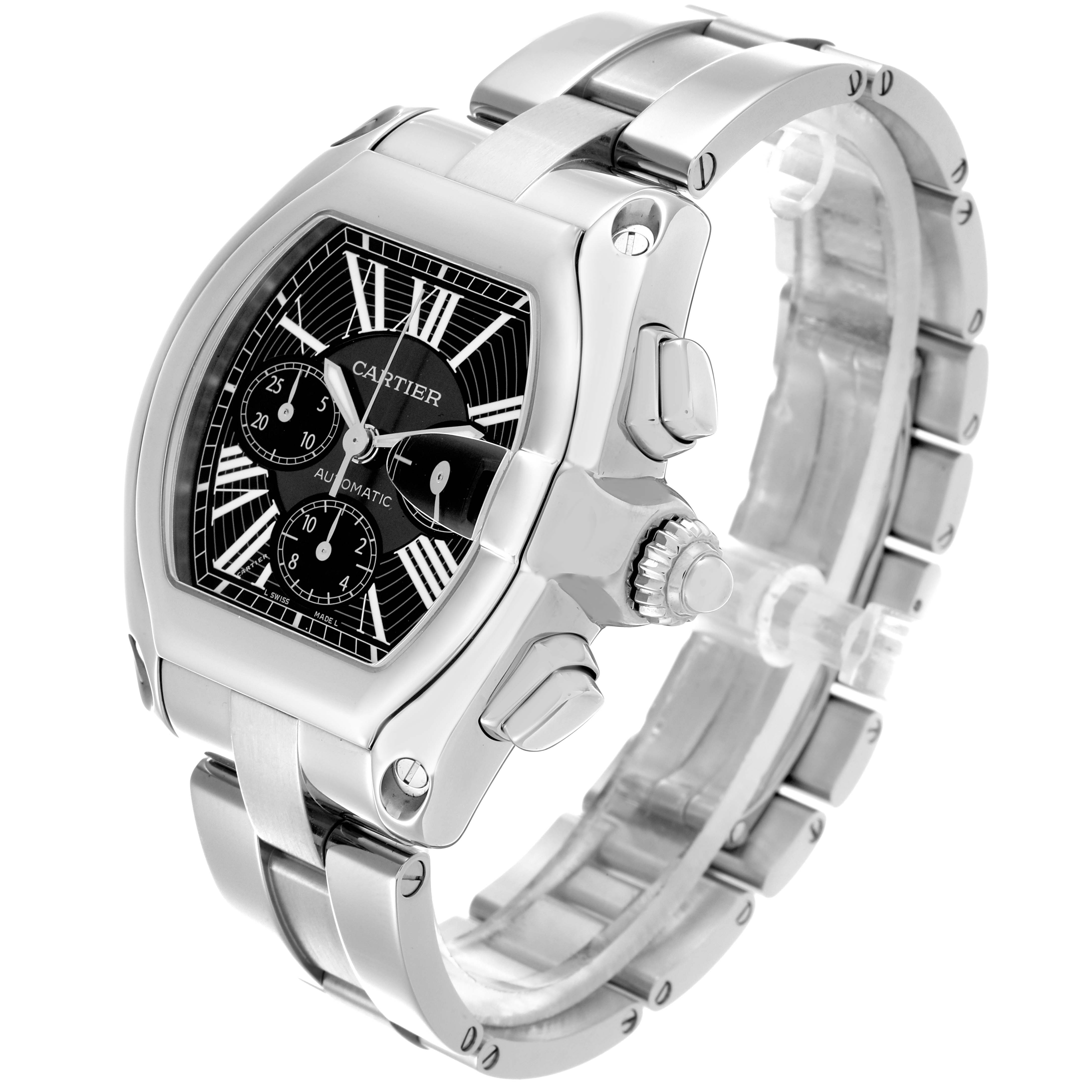 The Cartier Roadster W62020X6 Men's Stainless Steel Black Dial W62020X6 Men's Stainless Steel Black Dial watch is shown at an angle displaying the face, crown, pushers, and part of the stainless steel bracelet.