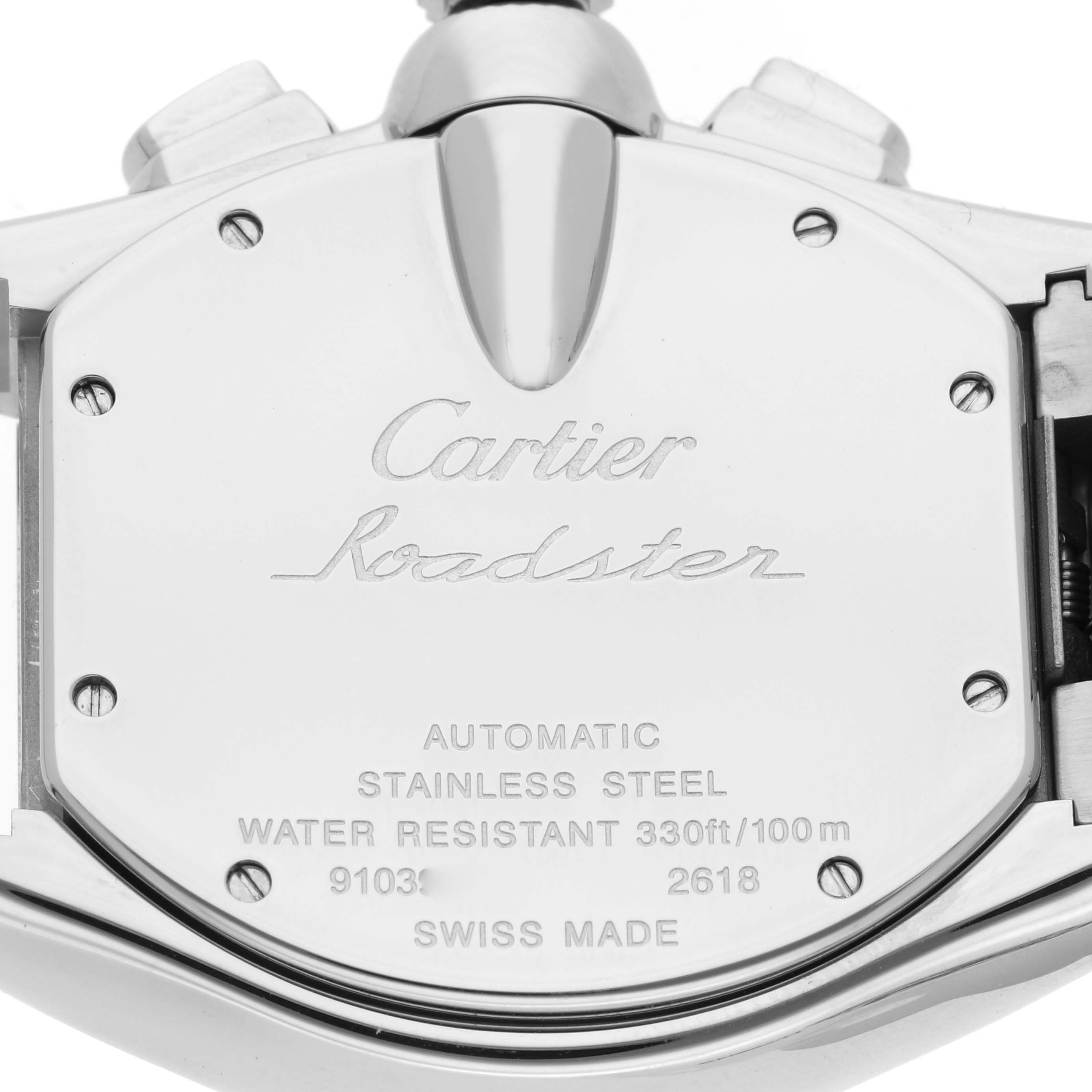 The image shows the back of the Cartier Roadster W62020X6 Men's Stainless Steel Black Dial W62020X6 Men's Stainless Steel Black Dial watch, featuring engravings and details about the model.