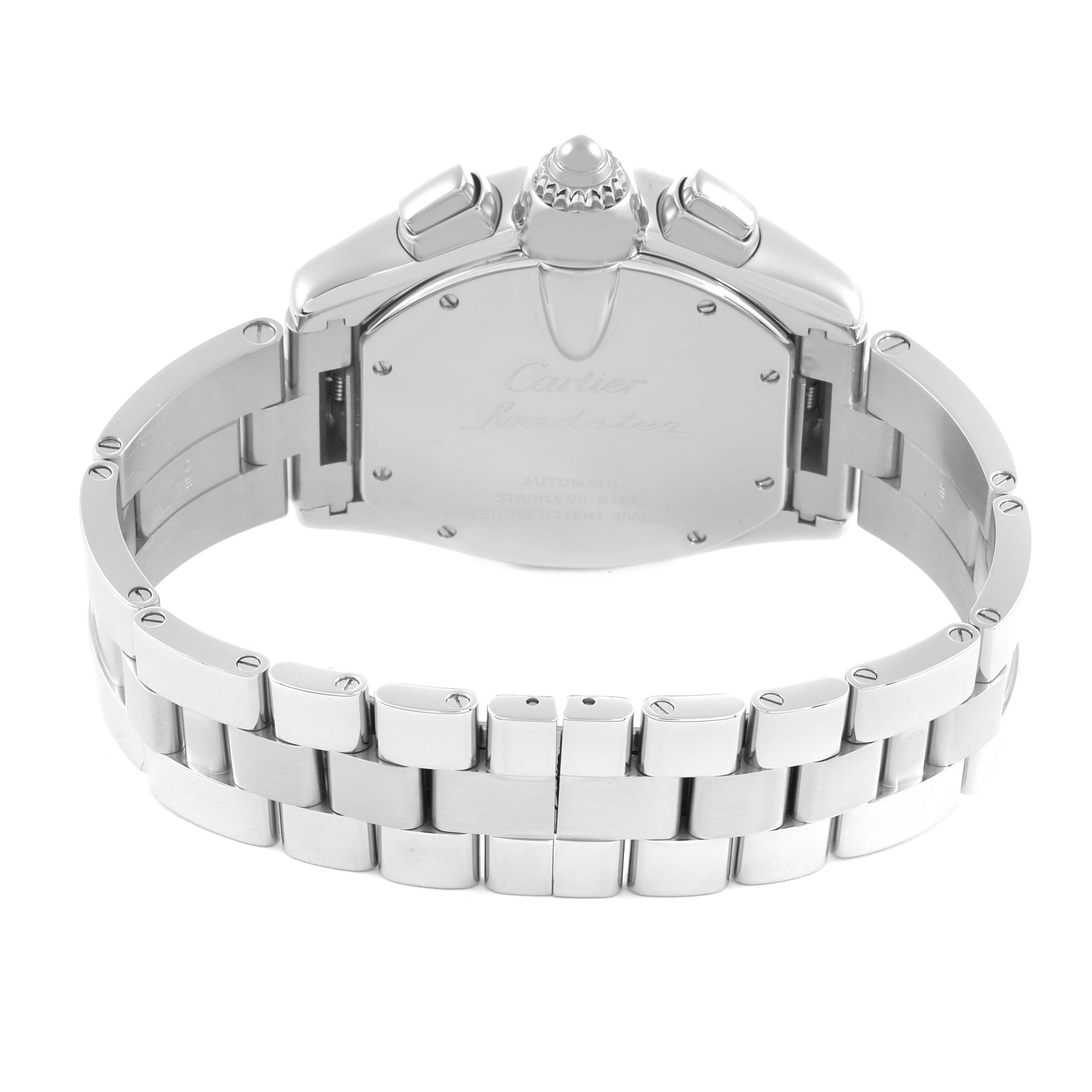 The Cartier Roadster W62020X6 Men's Stainless Steel Black Dial W62020X6 Men's Stainless Steel Black Dial watch is shown from the back, highlighting the case back and metal bracelet.