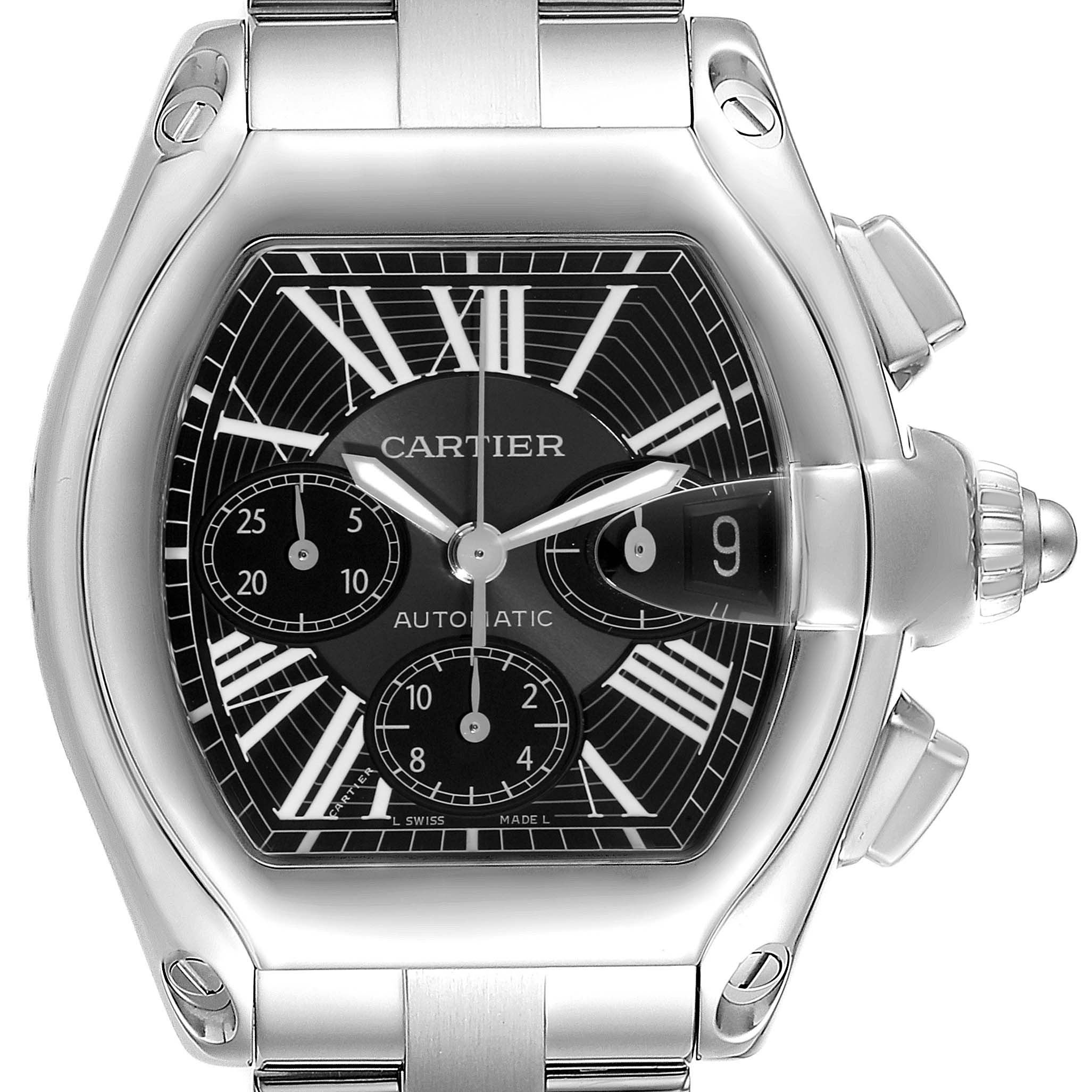 The Cartier Roadster W62020X6 Men's Stainless Steel Black Dial W62020X6 Men's Stainless Steel Black Dial watch is shown from the front, displaying its face, case, and partial bracelet.