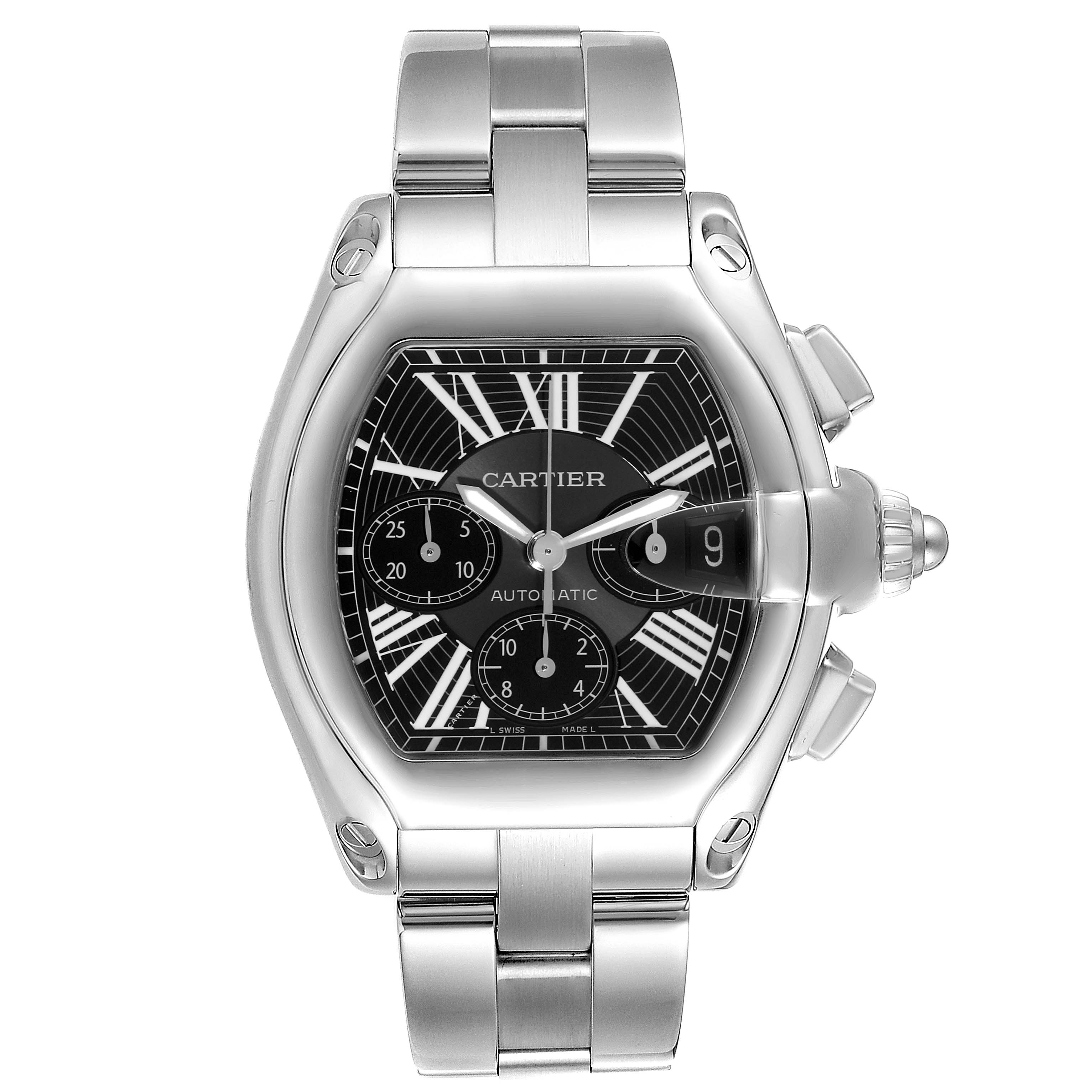 The Cartier Roadster W62020X6 Men's Stainless Steel Black Dial W62020X6 Men's Stainless Steel Black Dial watch is shown from a front view, displaying the full face, bezel, and a portion of the bracelet.