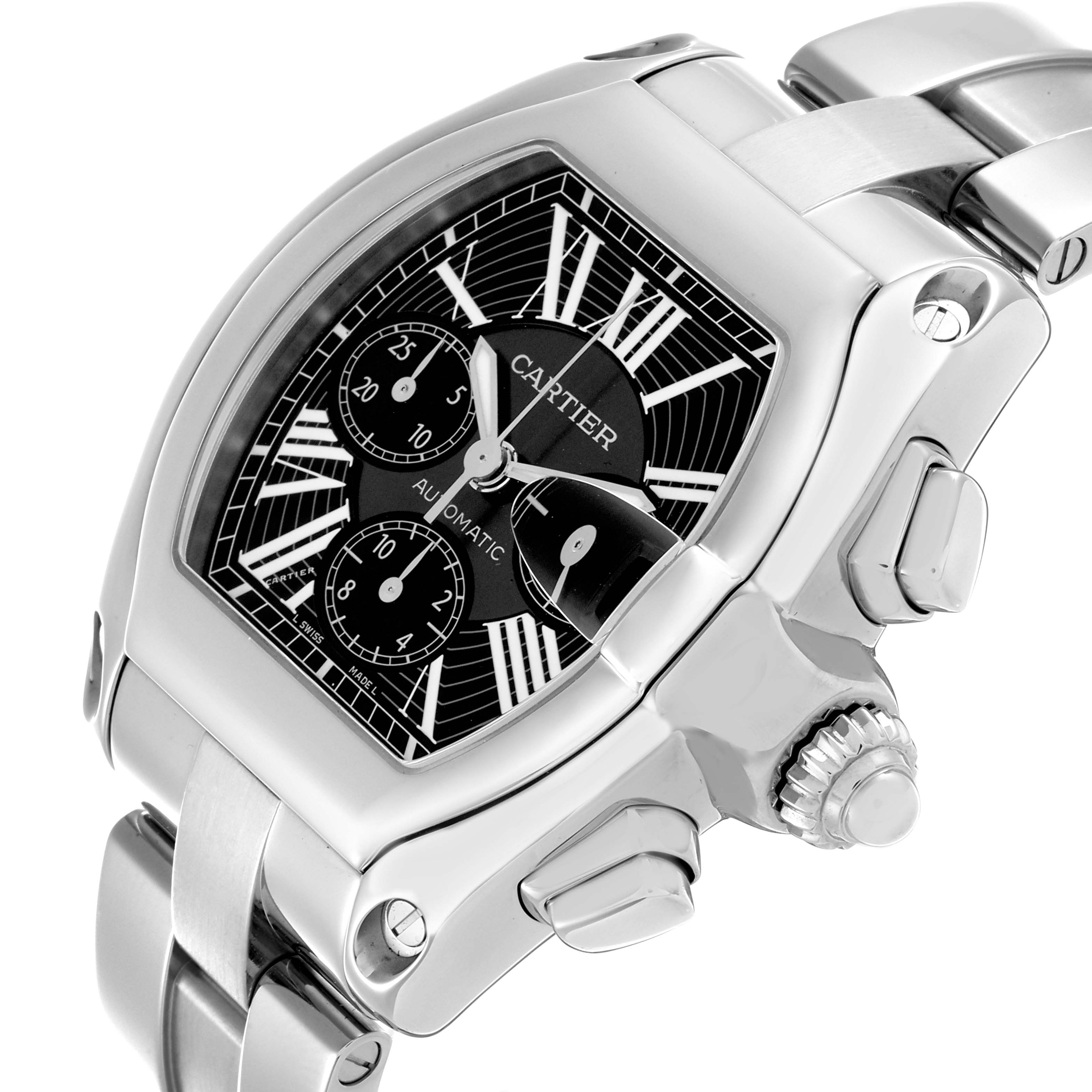 The Cartier Roadster W62020X6 Men's Stainless Steel Black Dial W62020X6 Men's Stainless Steel Black Dial watch is shown at a close-up angle featuring its face, side, and bracelet.