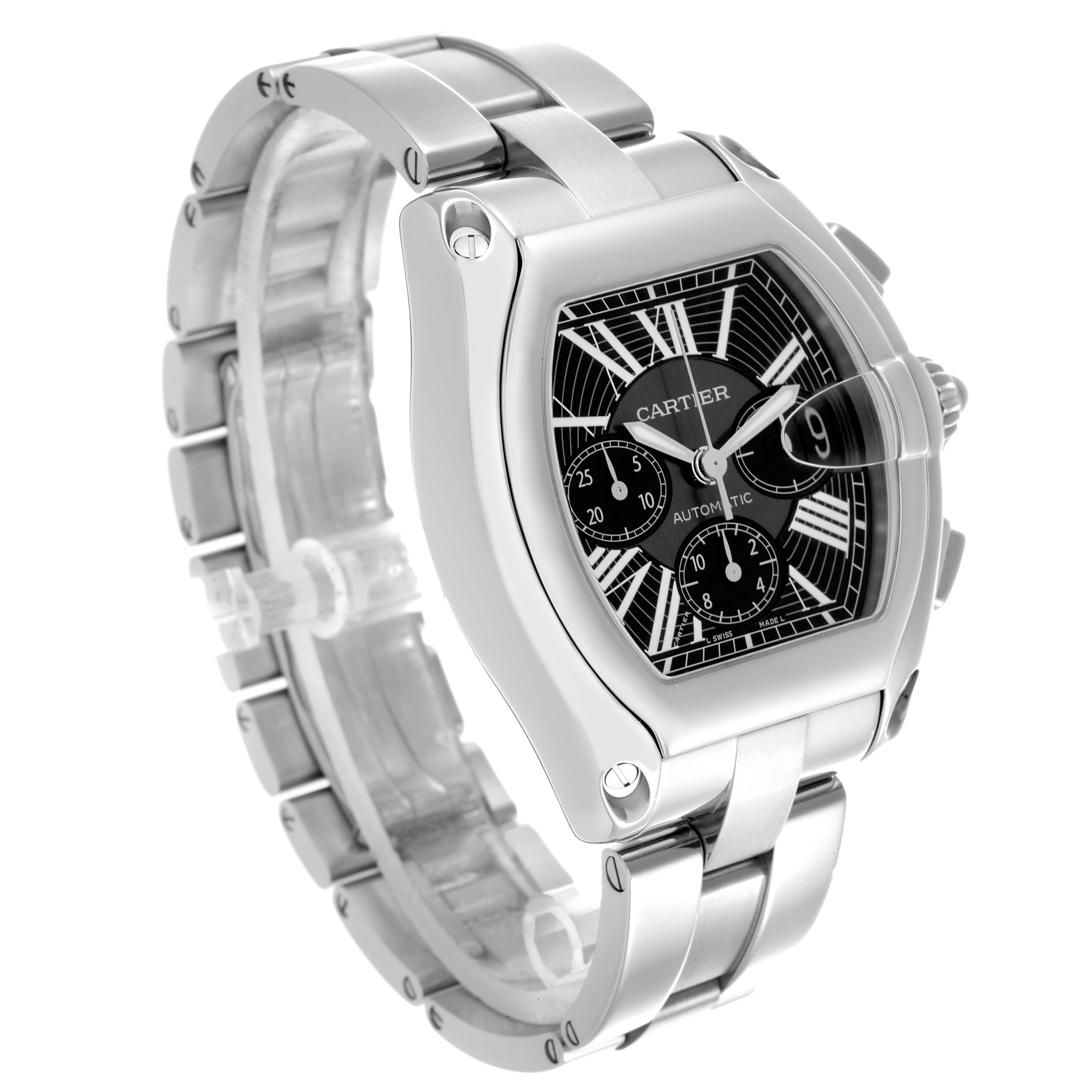 The Cartier Roadster W62020X6 Men's Stainless Steel Black Dial W62020X6 Men's Stainless Steel Black Dial watch is shown from a front-left angle, highlighting its face, bezel, and bracelet.