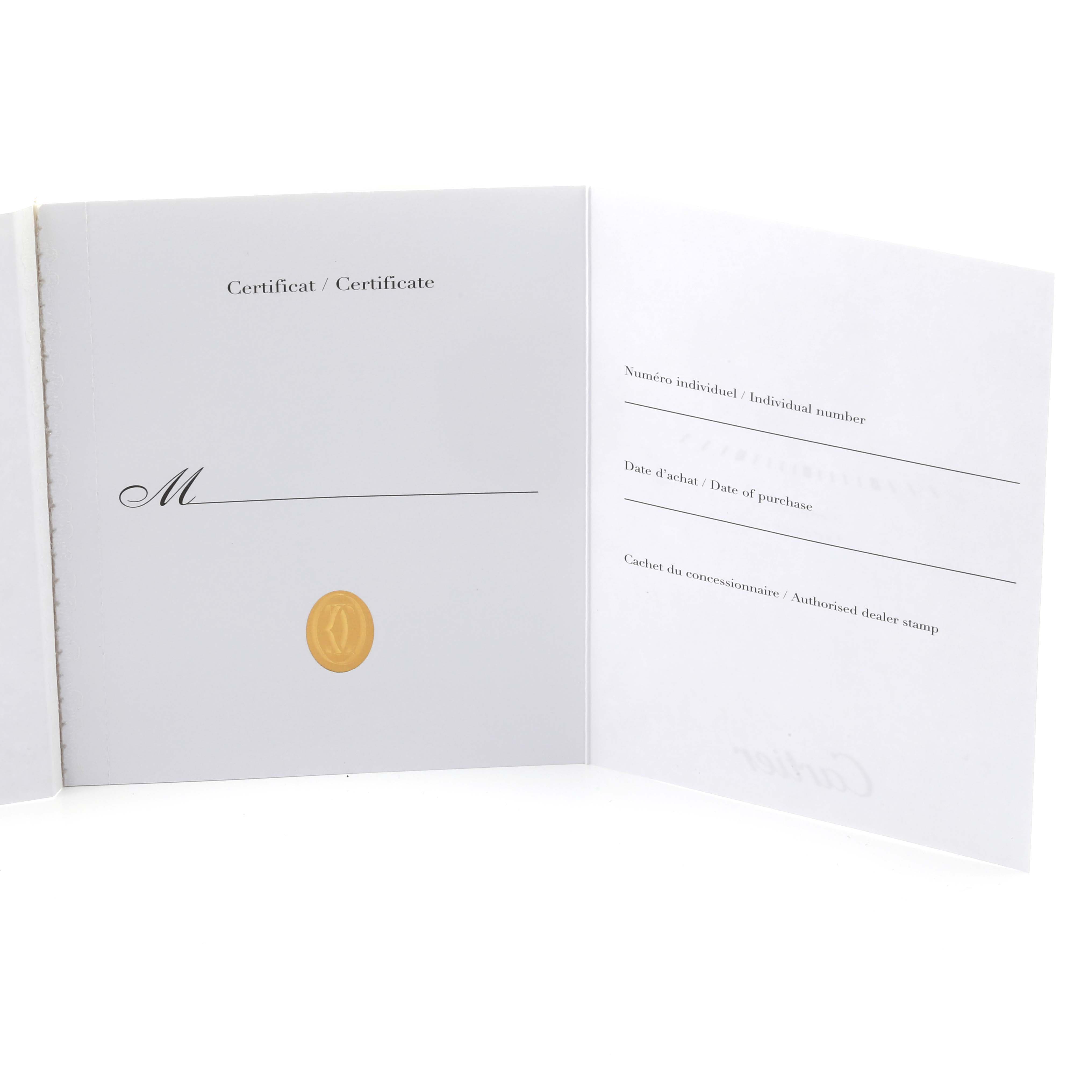 The image shows an open certificate booklet for the Cartier Roadster W62020X6 Men's Stainless Steel Black Dial W62020X6 Men's Stainless Steel Black Dial watch, displaying spaces for serial number and purchase details.