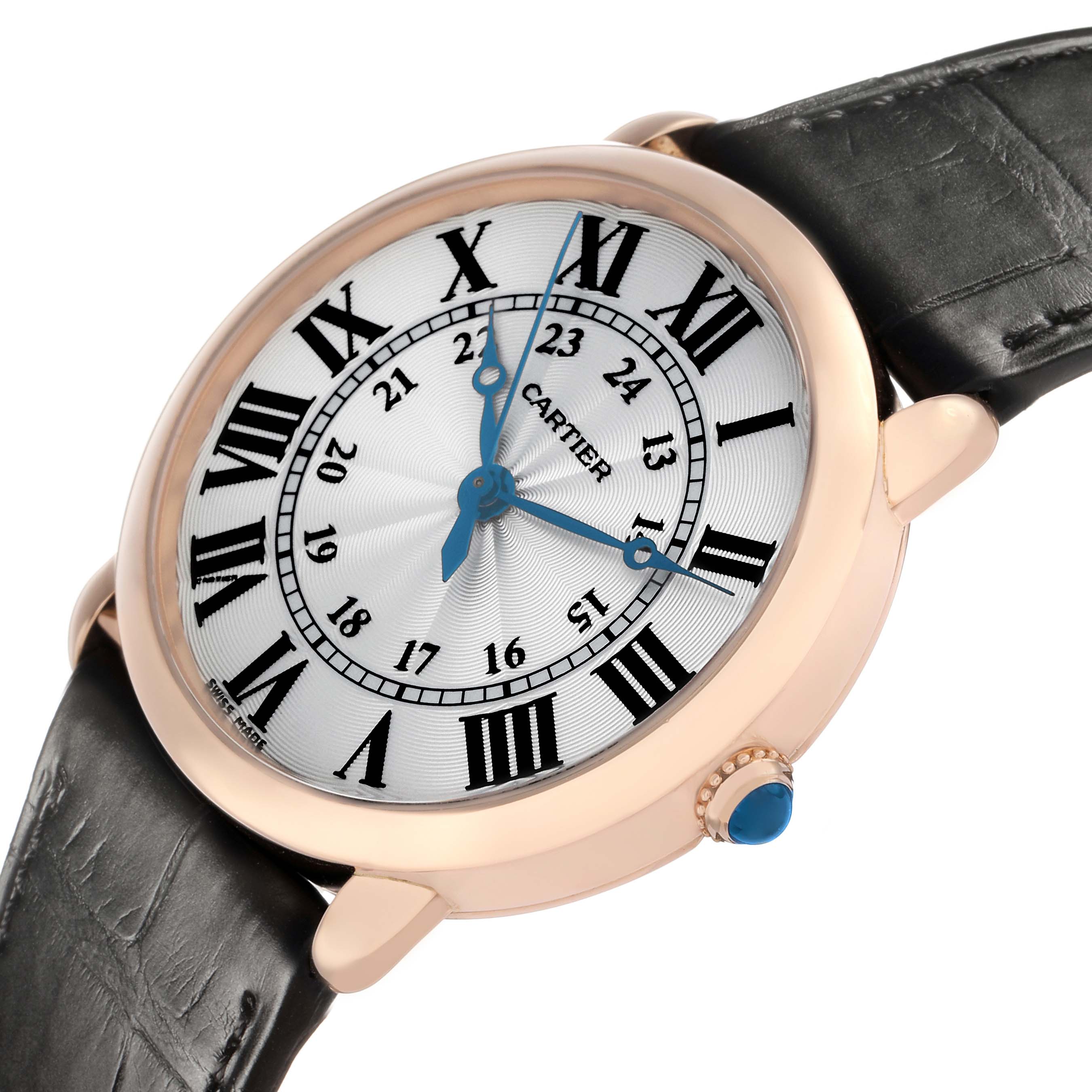 The Cartier Ronde WGRN0006 Men's Rose Gold Silver Dial watch is shown at a slight angle, highlighting the dial, Roman numerals, blue hands, and black strap.