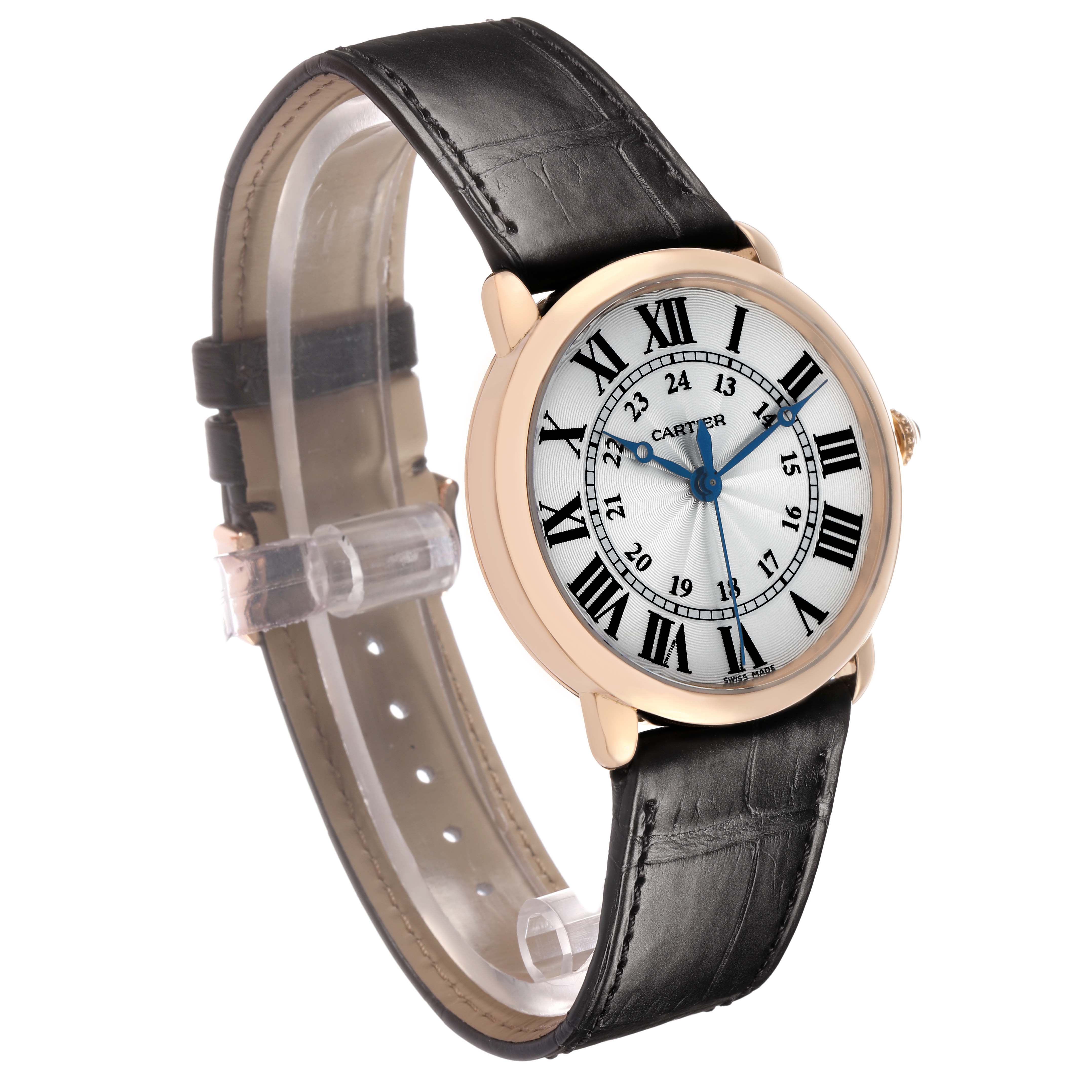 The Cartier Ronde WGRN0006 Men's Rose Gold Silver Dial watch is angled to show the face, Roman numerals, blue hands, and the black leather strap.