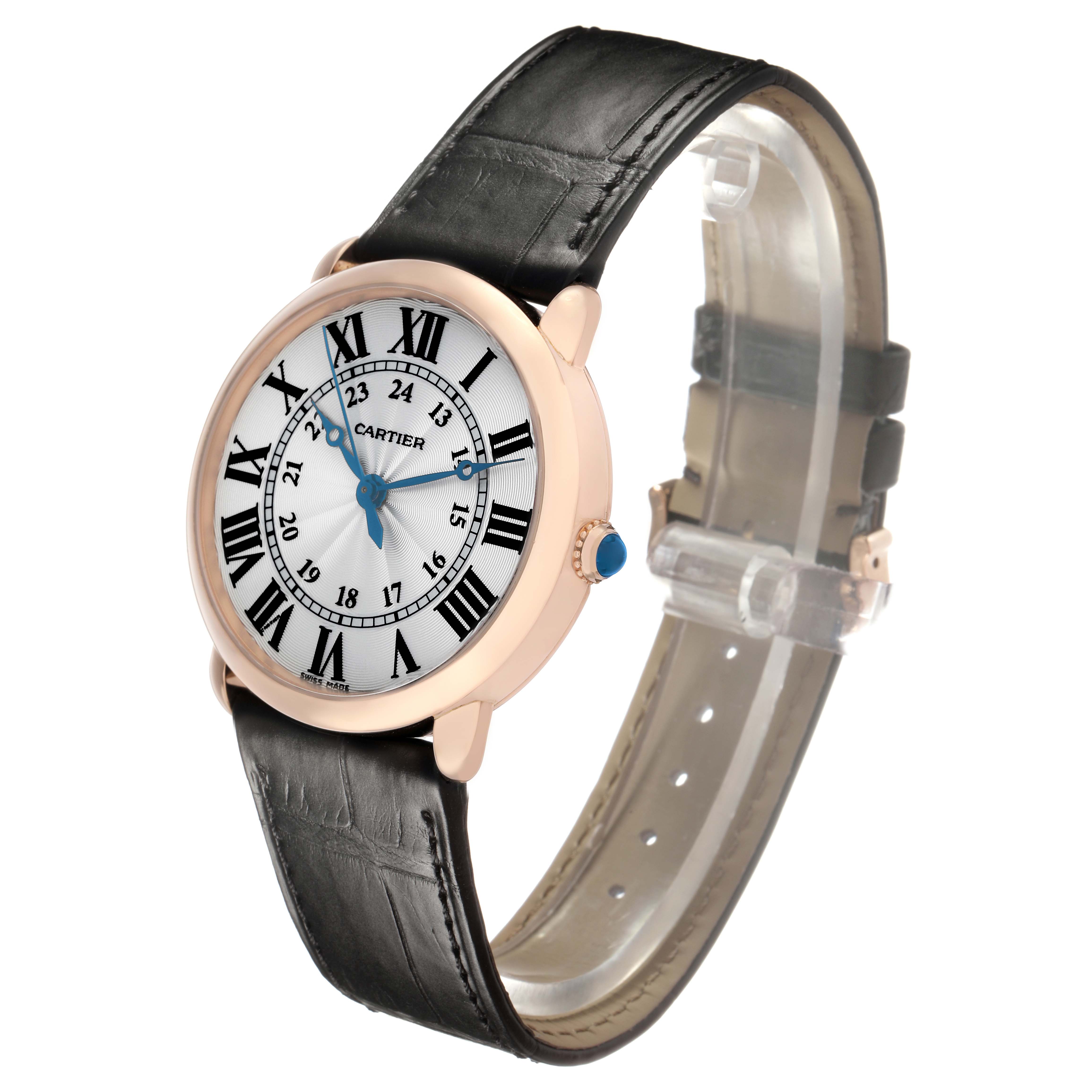 The Cartier Ronde WGRN0006 Men's Rose Gold Silver Dial watch is shown at a three-quarter angle, featuring the dial, case, crown, and leather strap.