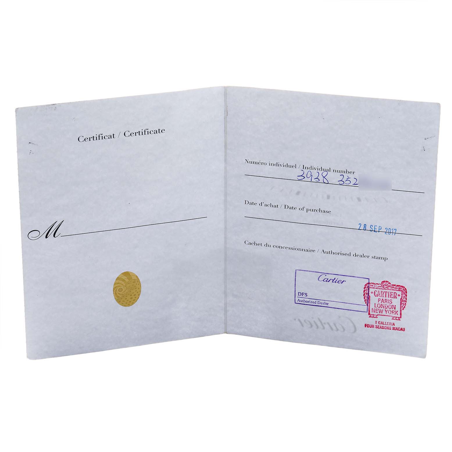 The image shows a certificate booklet for the Cartier Ronde WGRN0006 Men's Rose Gold Silver Dial model, with purchase details and dealer stamps visible.