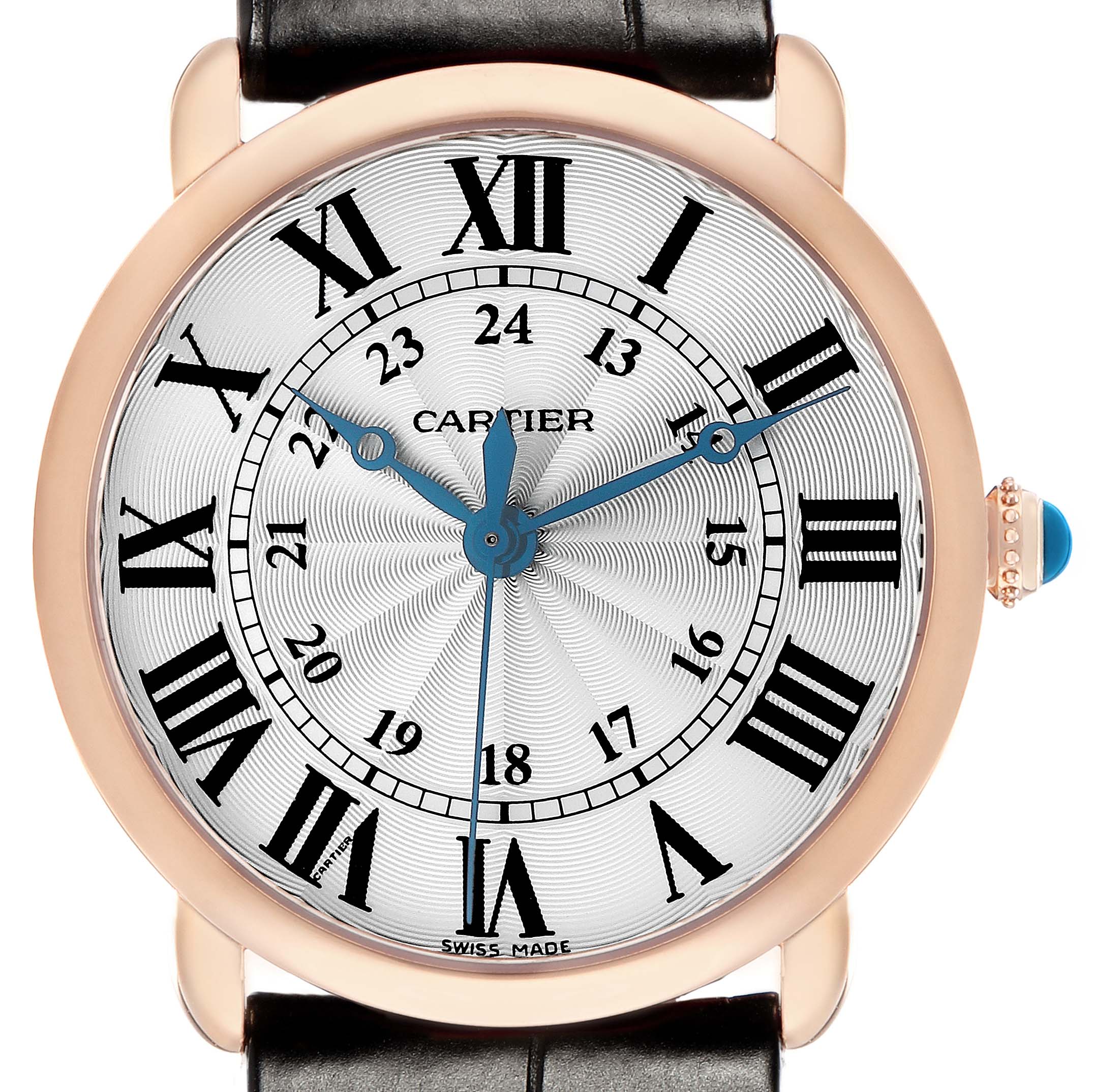The watch is a Cartier Ronde WGRN0006 Men's Rose Gold Silver Dial model, showing a detailed front view with Roman numerals and blue hands.