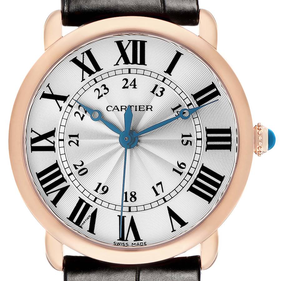 The watch is a Cartier Ronde WGRN0006 Men's Rose Gold Silver Dial model, showing a detailed front view with Roman numerals and blue hands.