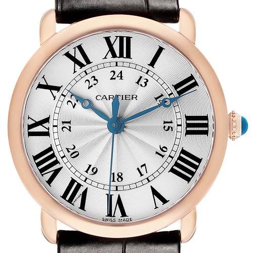 The image shows a front view of the Cartier Ronde WGRN0006 Men's Rose Gold Silver Dial watch, highlighting the dial, hands, numerals, case, and strap attachment.