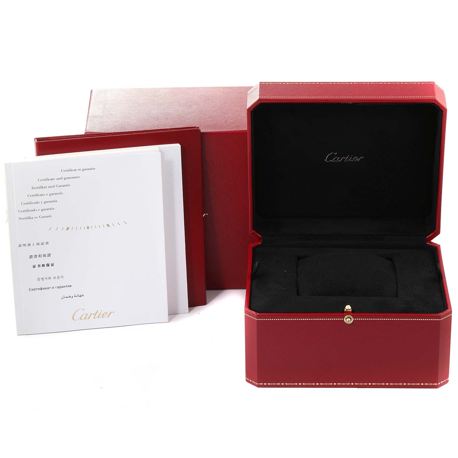 The image shows a display and accessories for a Rotonde model watch by Cartier, including a red box, warranty, and manual.