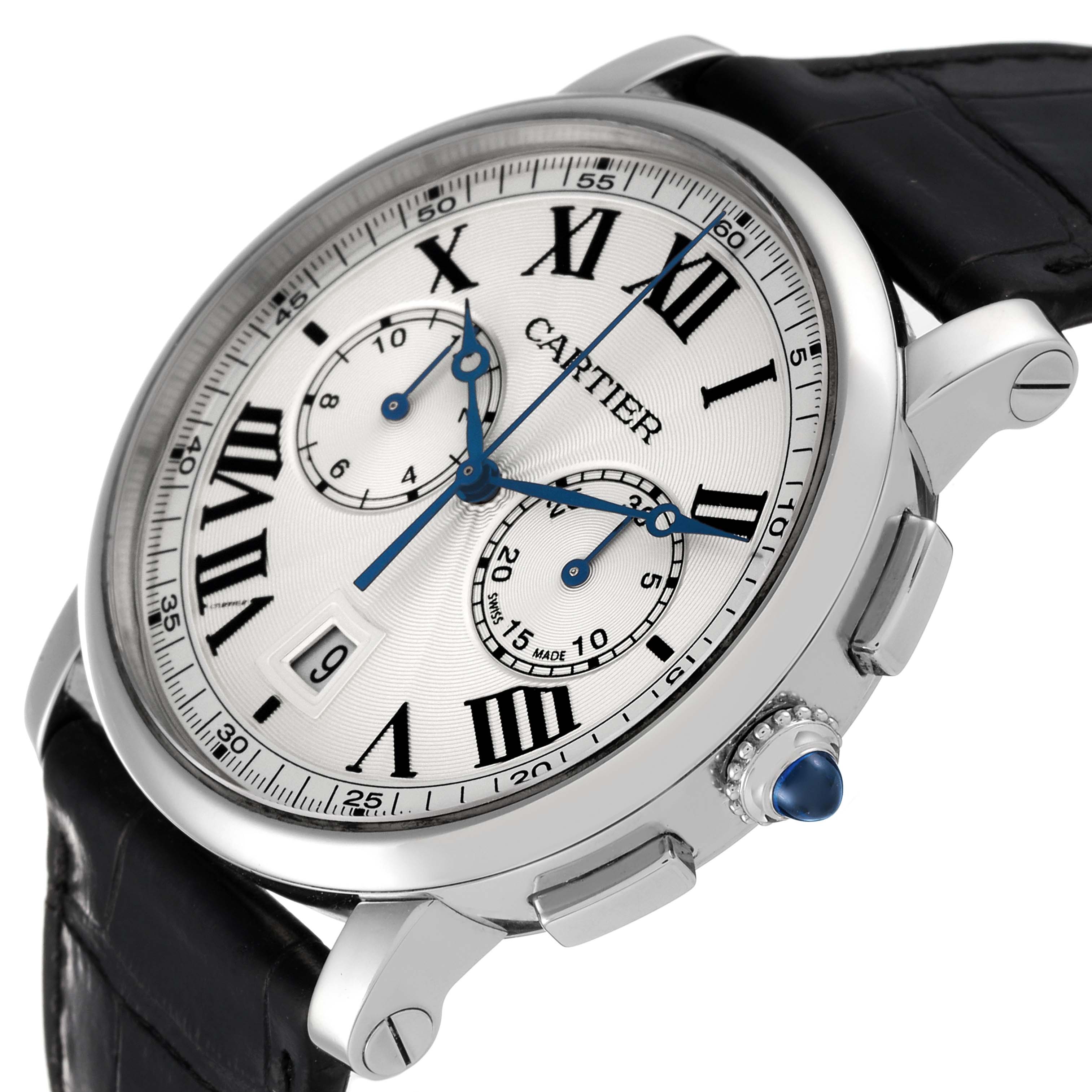 This is a Rotonde model by Cartier shown at a slight angle, displaying the face, crown, pushers, and part of the leather strap.