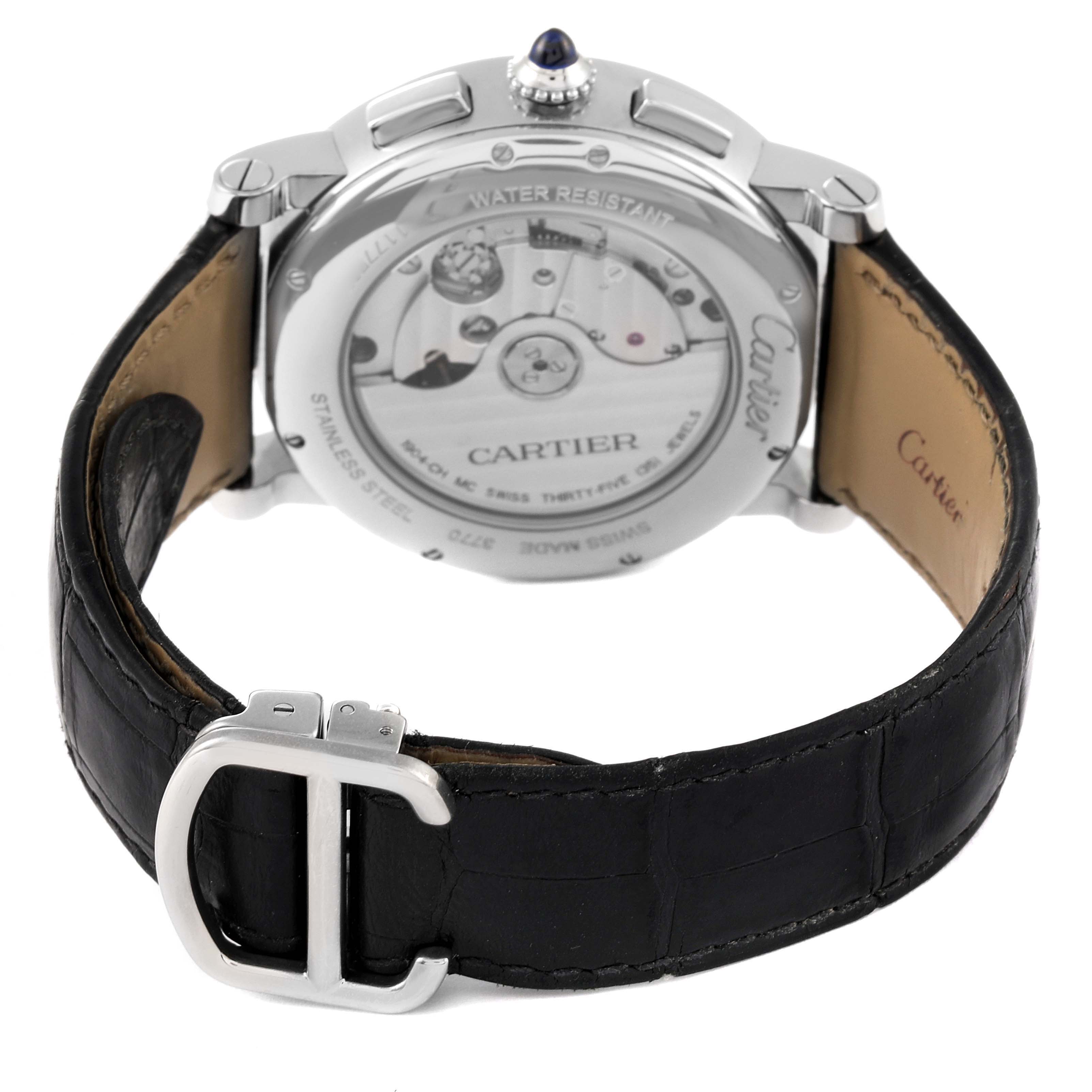 The image displays the back view of a Cartier Rotonde WSRO0002 Men
s Stainless Steel Silver Dial WSRO0002 Men
s Stainless Steel Silver Dial watch, showing the movement mechanism and leather strap with a buckle.