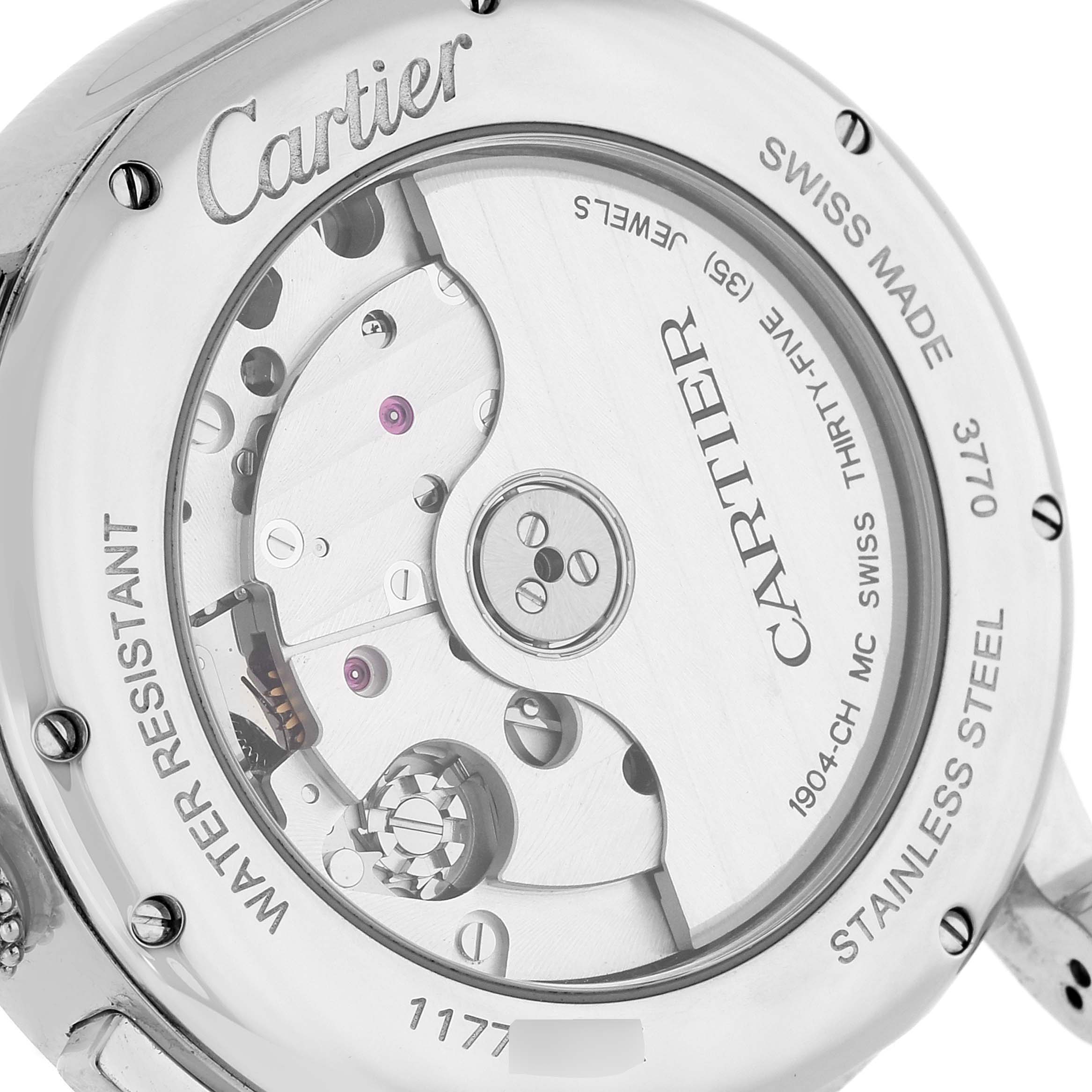 This image shows a close-up of the back of the Cartier Rotonde WSRO0002 Men
s Stainless Steel Silver Dial WSRO0002 Men
s Stainless Steel Silver Dial watch, highlighting the movement and inscriptions.