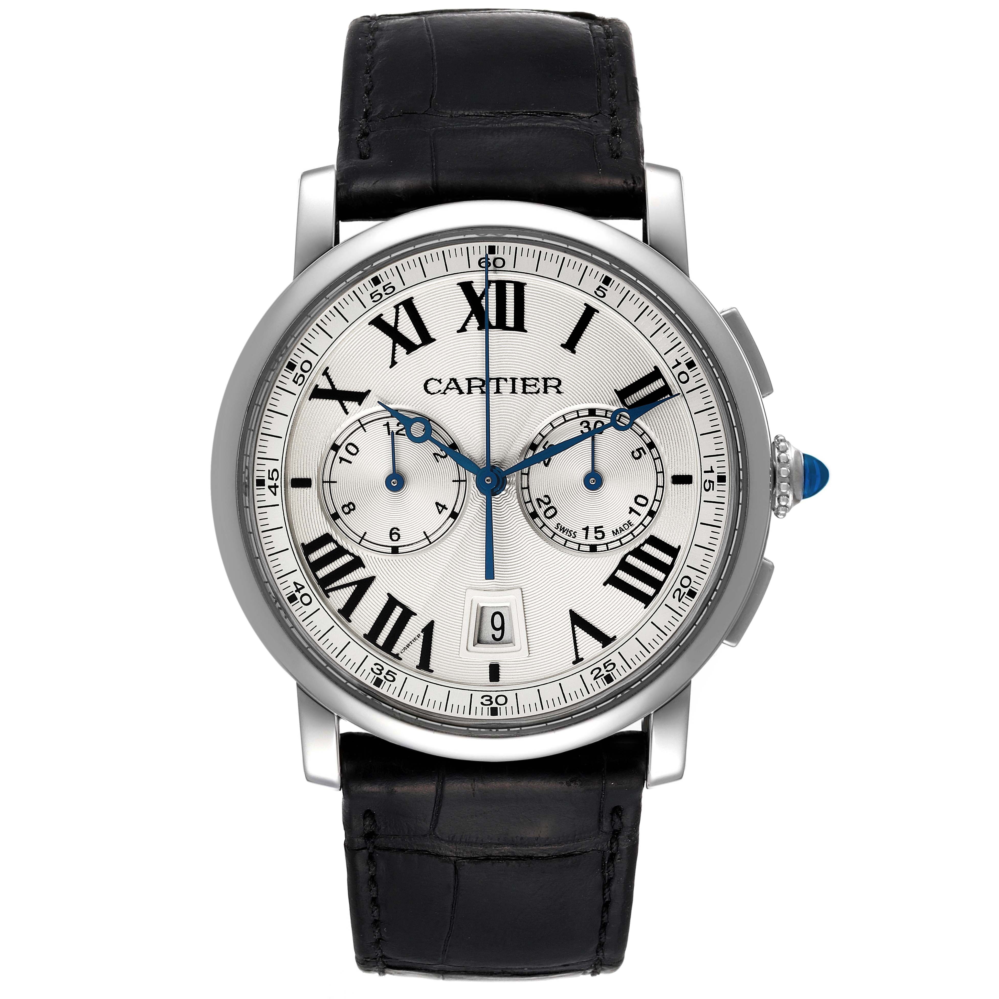 This image shows a front view of a Cartier Rotonde WSRO0002 Men
s Stainless Steel Silver Dial WSRO0002 Men
s Stainless Steel Silver Dial model watch, featuring its dial, leather strap, and side crown.