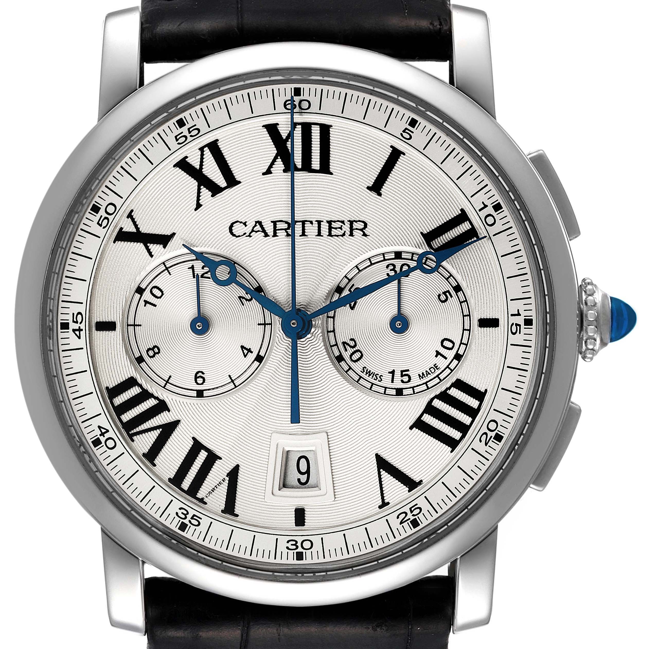 This image shows the face of a Rotonde model watch by Cartier with its Roman numeral markers, sub-dials, and crown clearly visible.