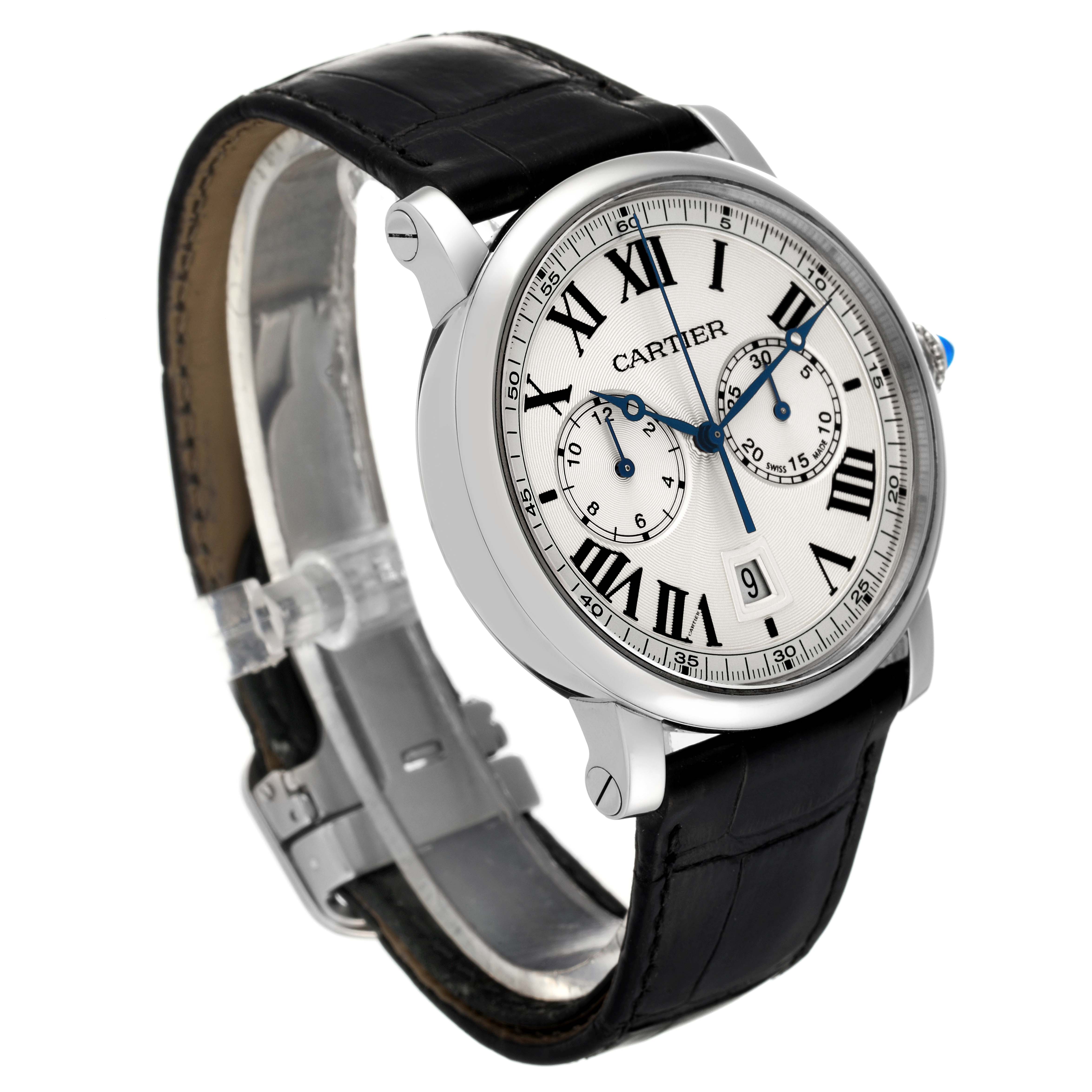 The image shows a Rotonde model watch by Cartier from a three-quarter angle, revealing the watch face, straps, crown, and lugs.