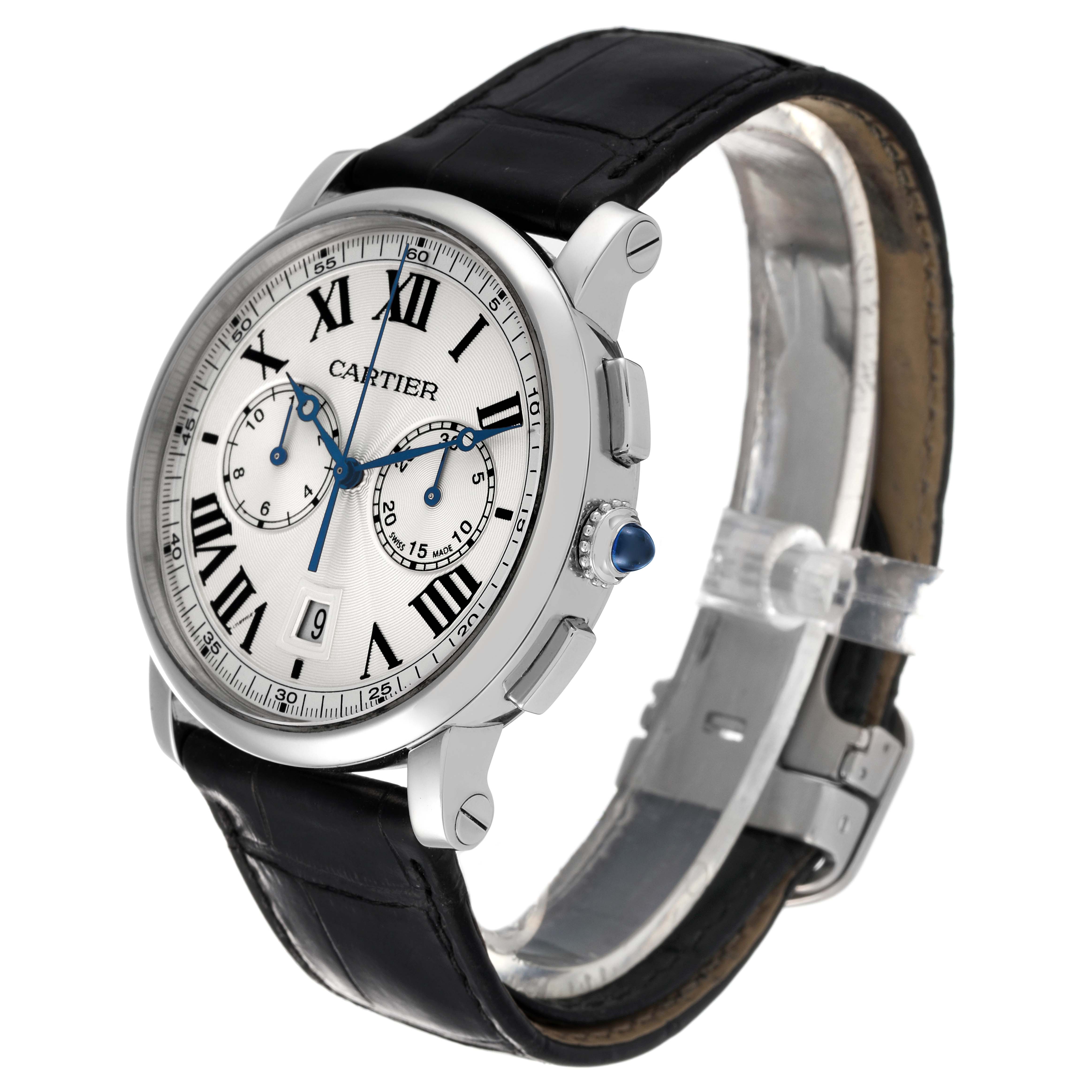 The image shows a Rotonde model by Cartier from an angled side view, highlighting the face, crown, and leather strap.