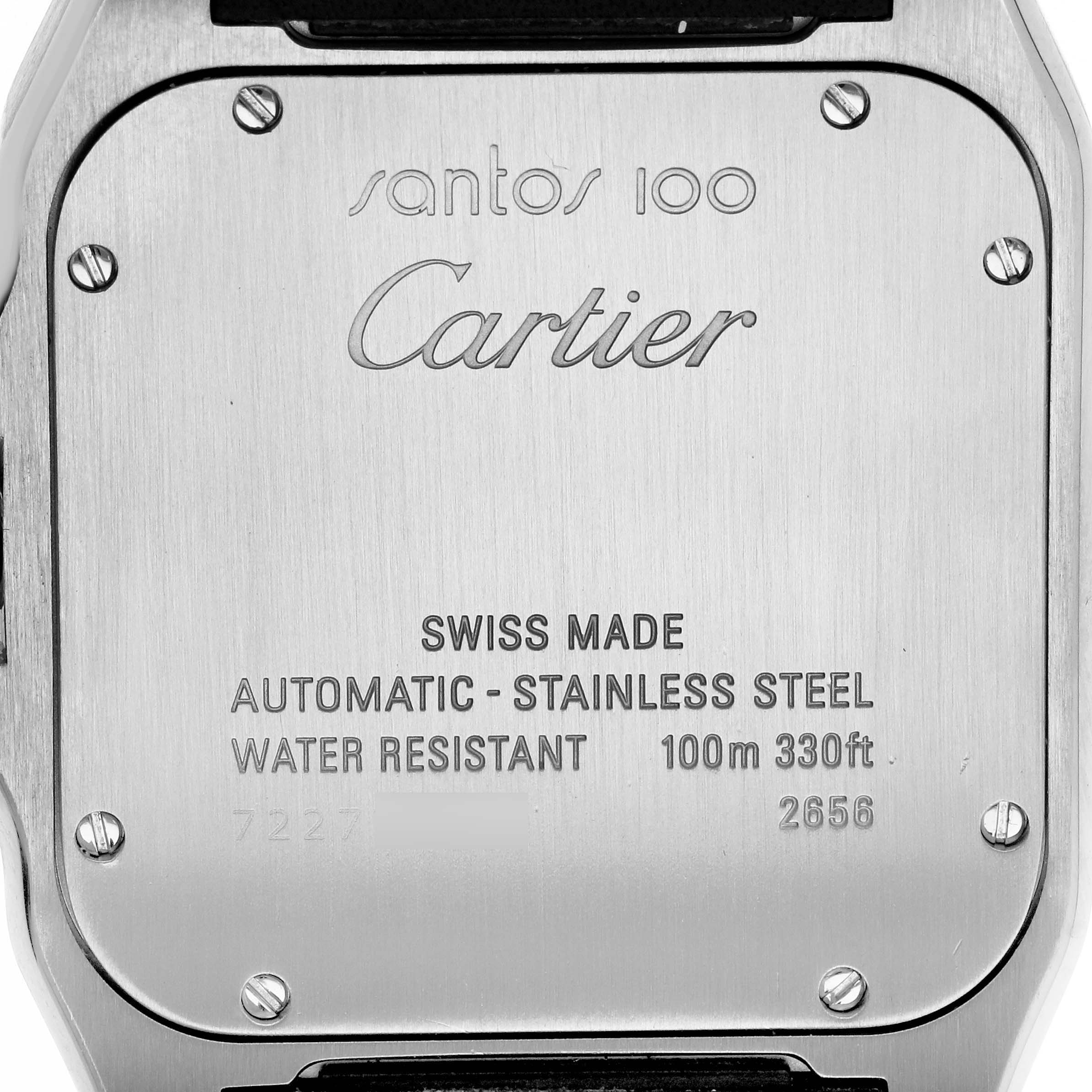 The image shows the back of a Cartier Santos W20073X8 Men's Stainless Steel Silver Dial model watch, highlighting engravings and screws.