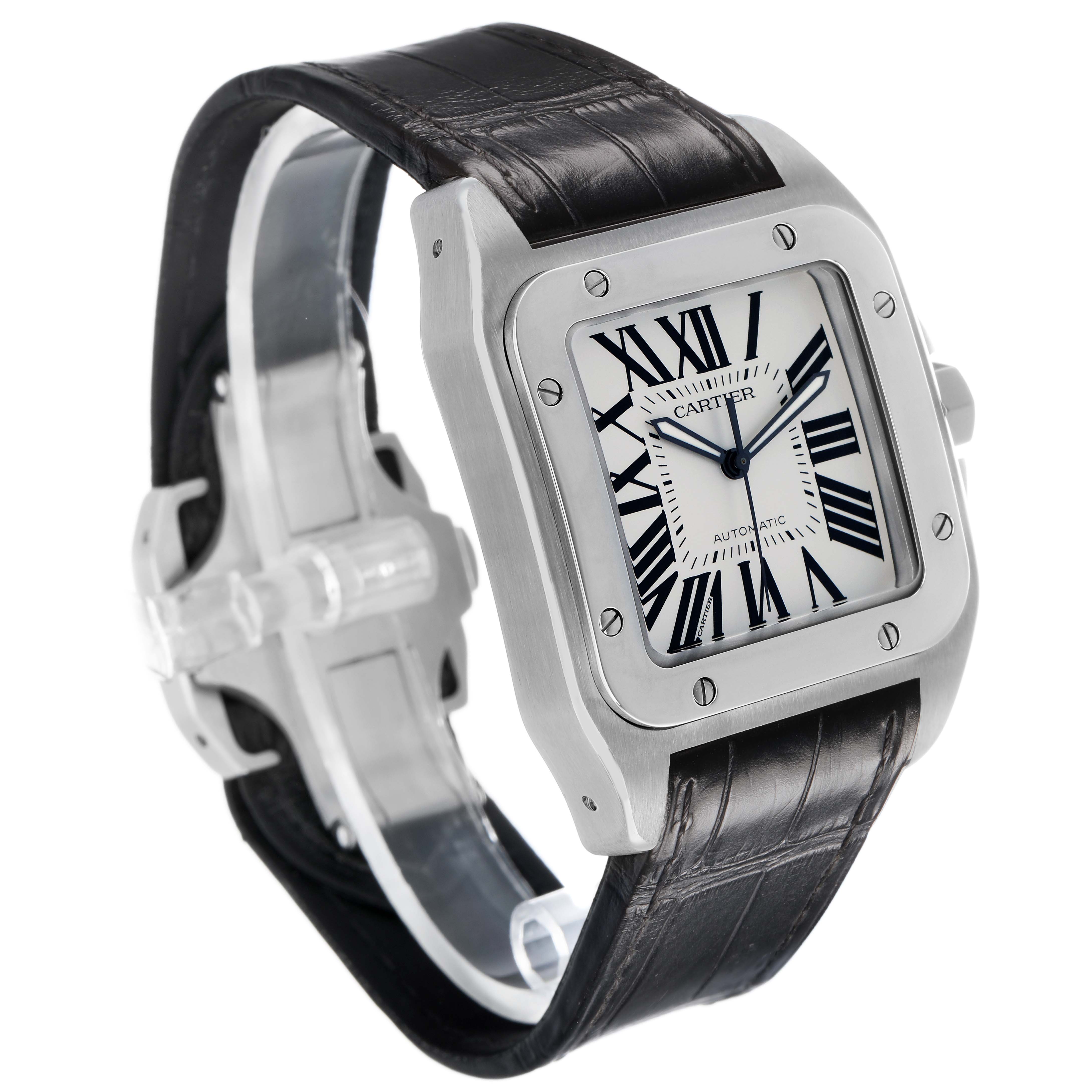 The Cartier Santos W20073X8 Men's Stainless Steel Silver Dial watch is displayed at a three-quarter angle, showing the face, case, and leather strap.