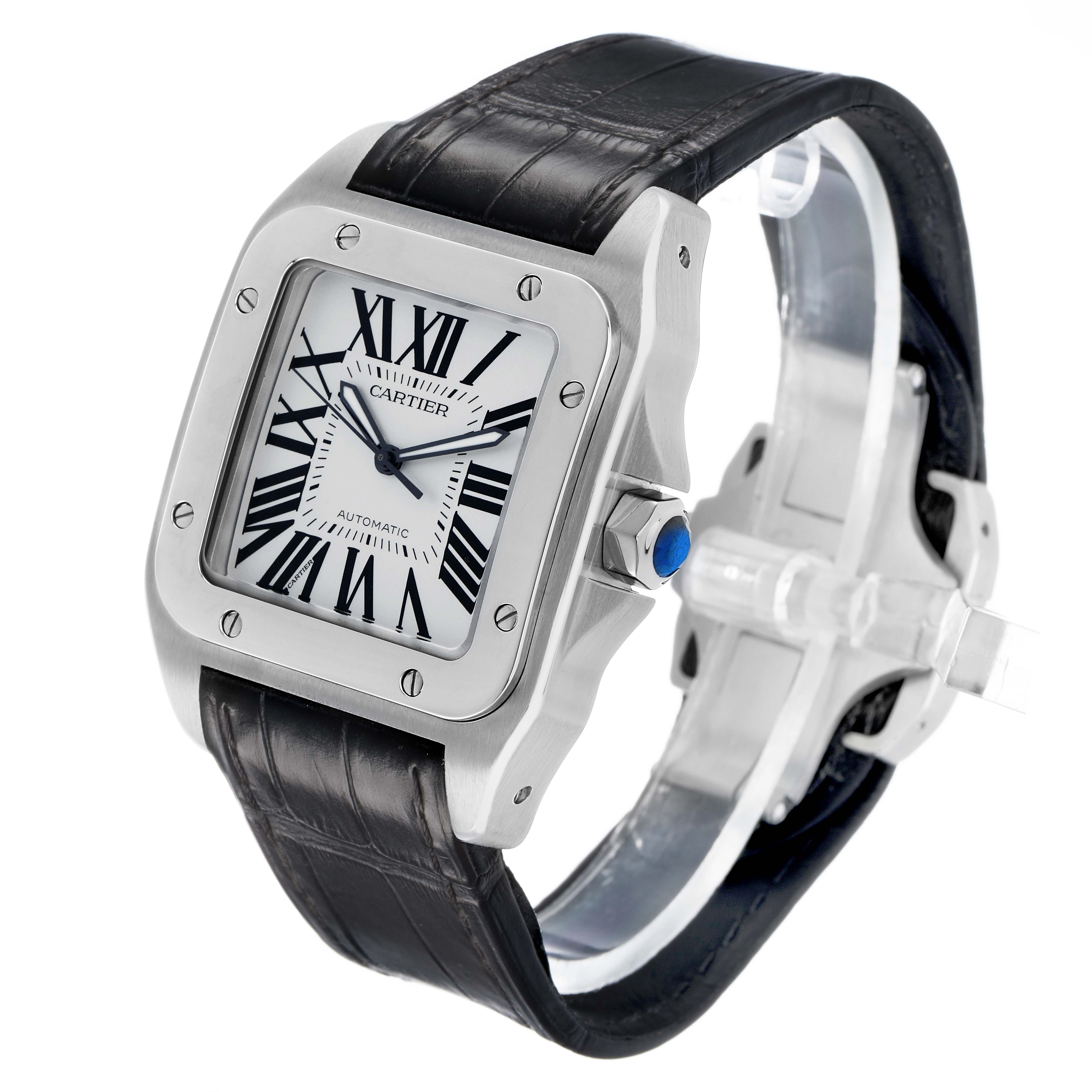 The Cartier Santos W20073X8 Men's Stainless Steel Silver Dial watch is angled to show the front face, bezel, crown, and leather strap.