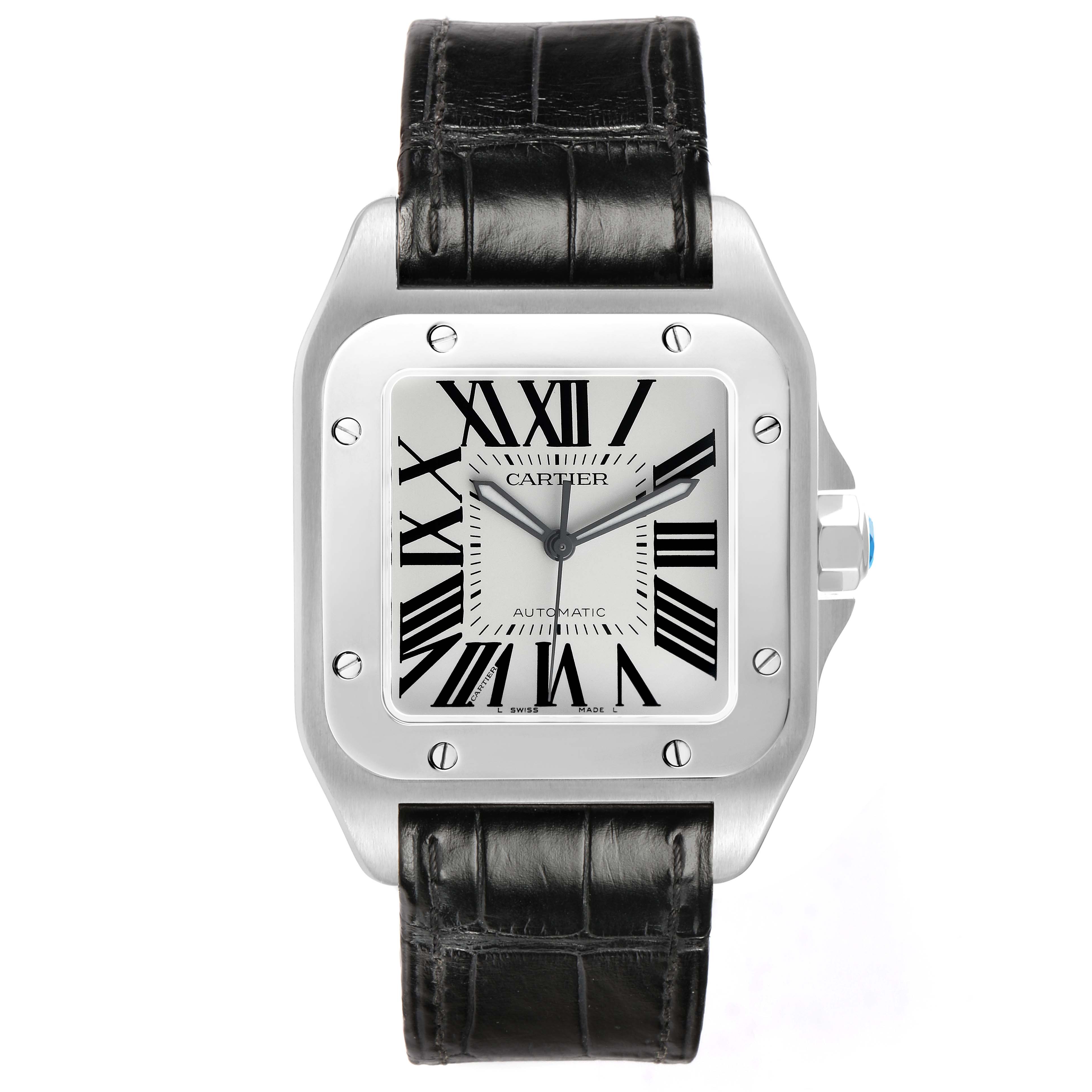 The Cartier Santos W20073X8 Men's Stainless Steel Silver Dial watch is shown from a front angle, highlighting the face, bezel, and leather strap.