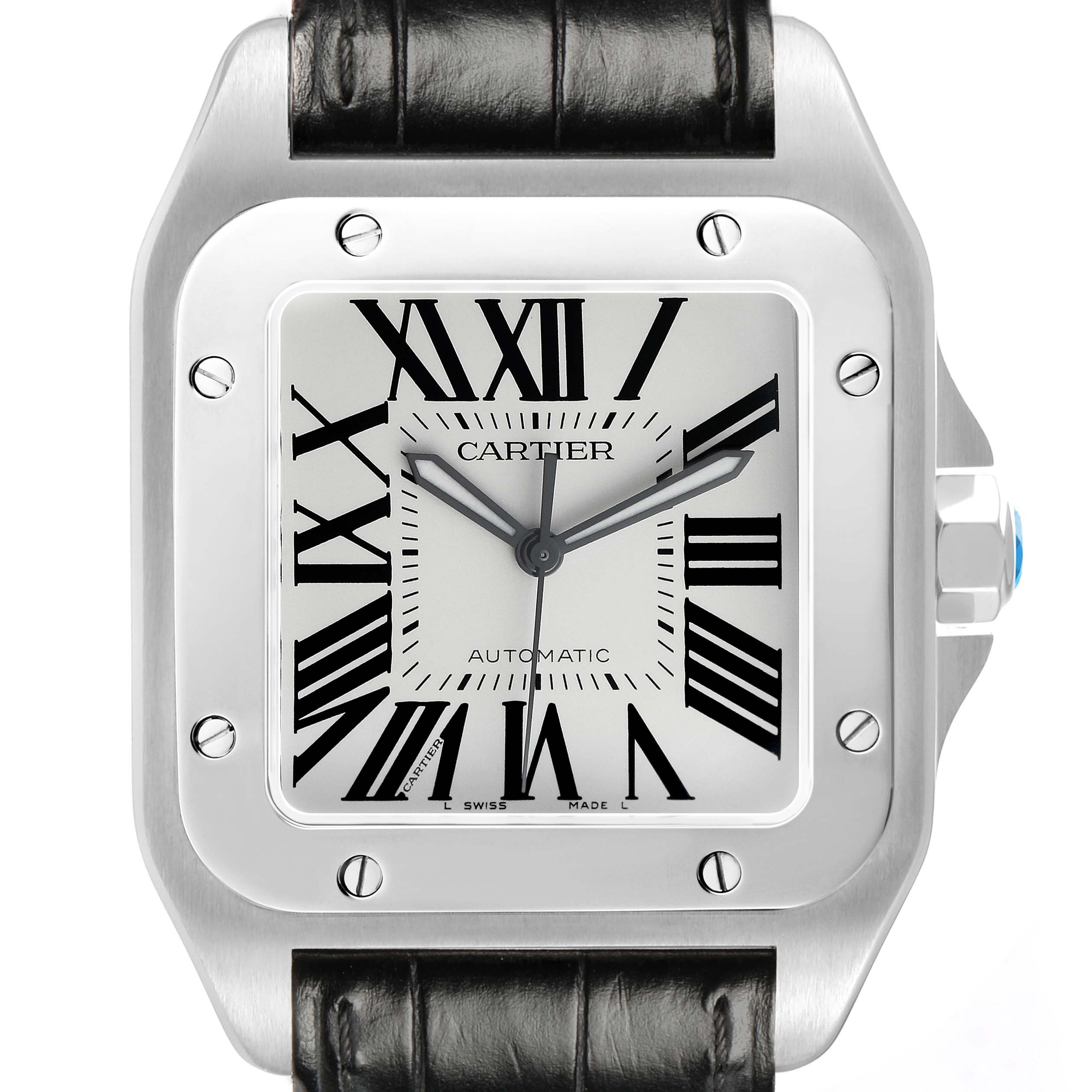 The Cartier Santos W20073X8 Men's Stainless Steel Silver Dial watch is shown from a front angle, highlighting the face, Roman numerals, and black leather strap.
