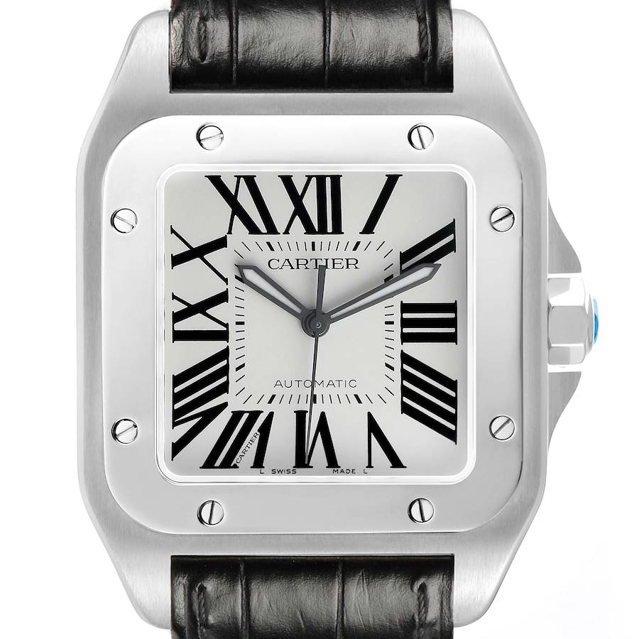 The Cartier Santos W20073X8 Men's Stainless Steel Silver Dial watch is shown from a front angle, highlighting the face, Roman numerals, and black leather strap.